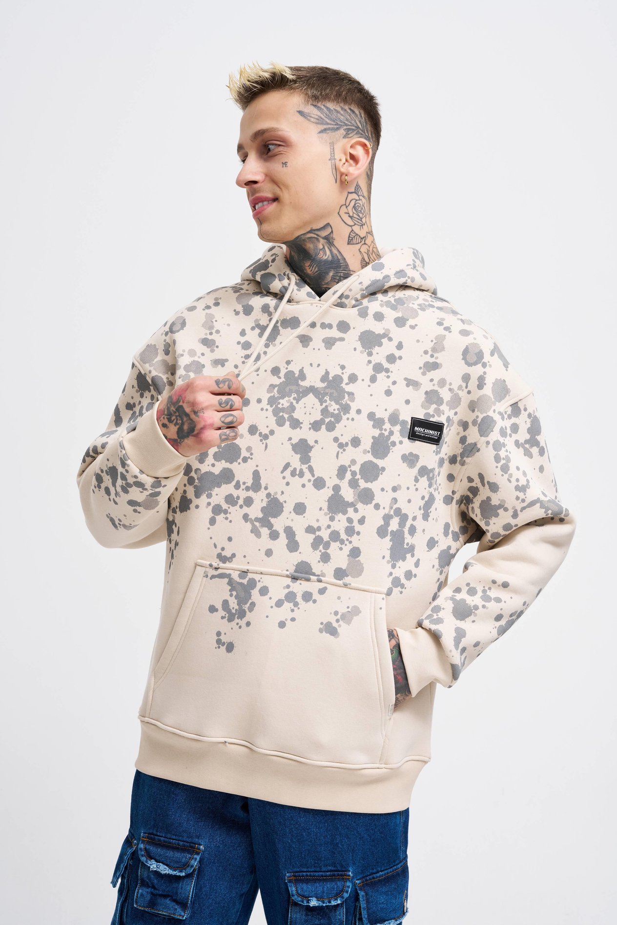 Erkek Splash Printed Hoodie SOFT BEIGE