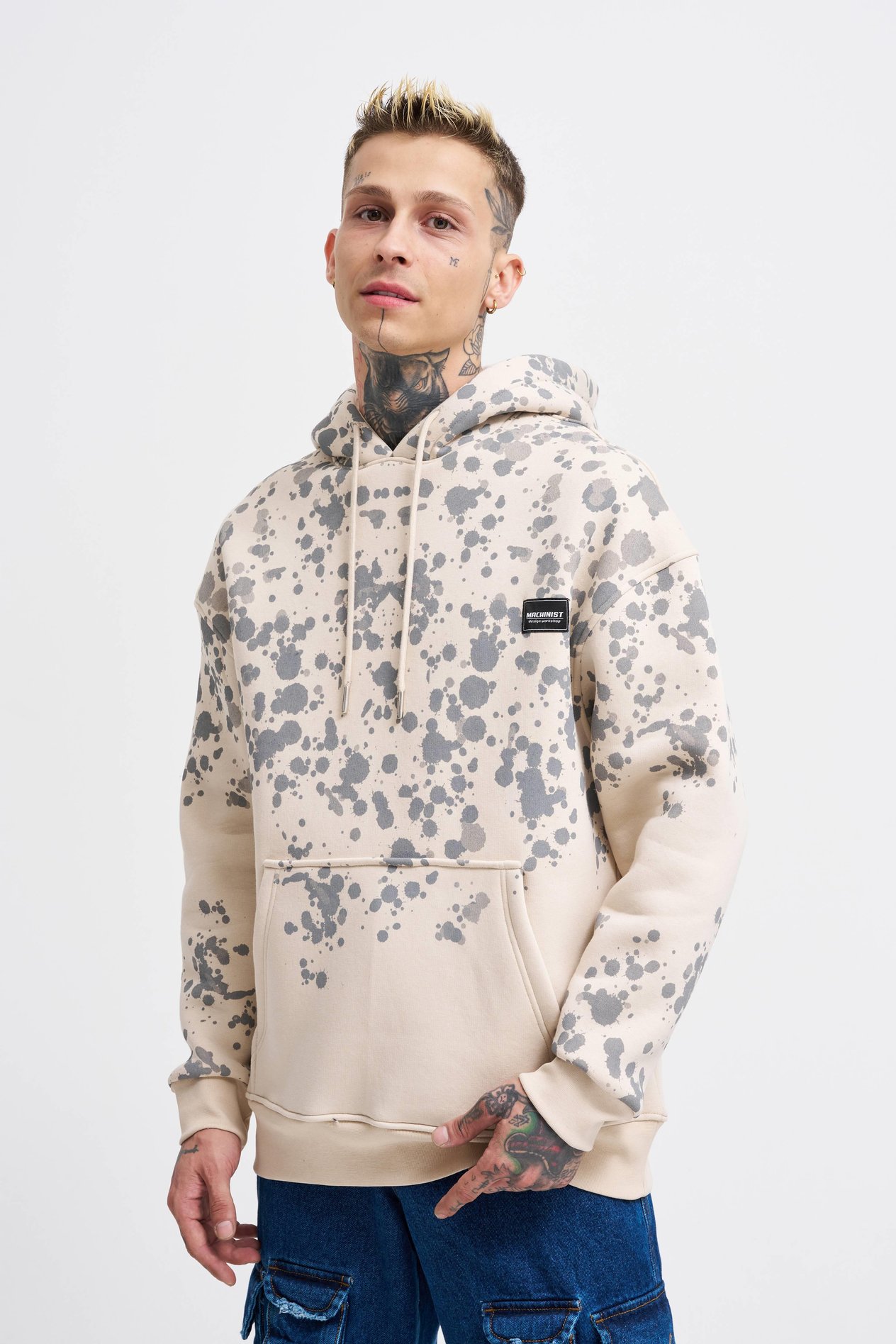 Erkek Splash Printed Hoodie SOFT BEIGE