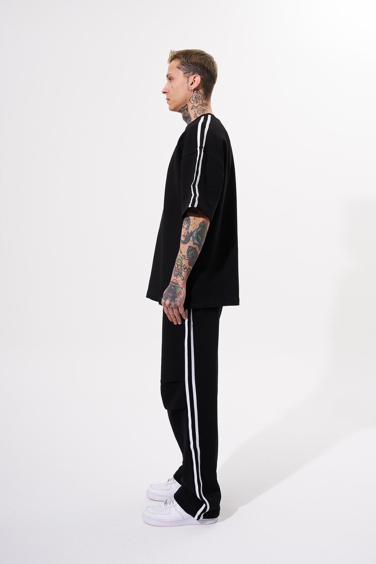Erkek Striped Sleeves Basic Oversize Siyah Takım