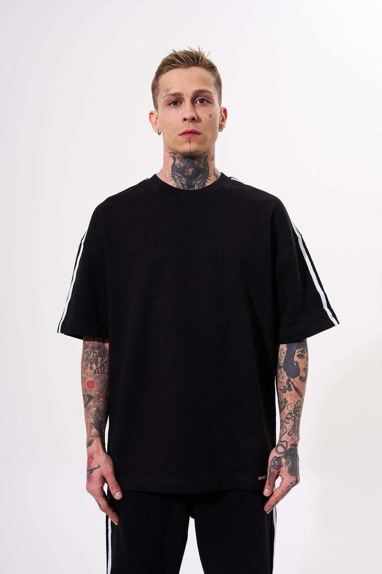 Erkek Striped Sleeves Basic Oversize Siyah Takım