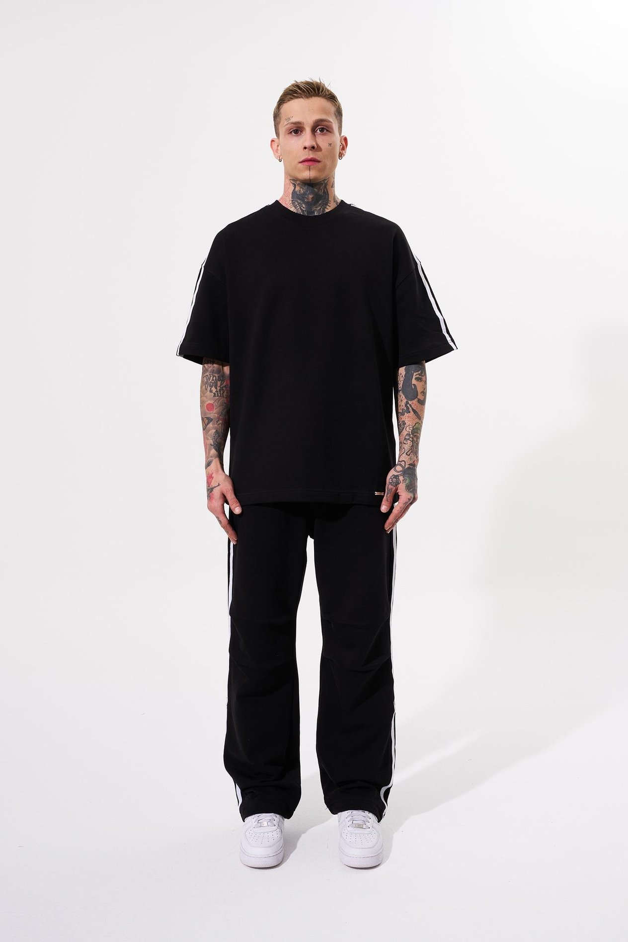 Erkek Striped Sleeves Basic Oversize Siyah Takım