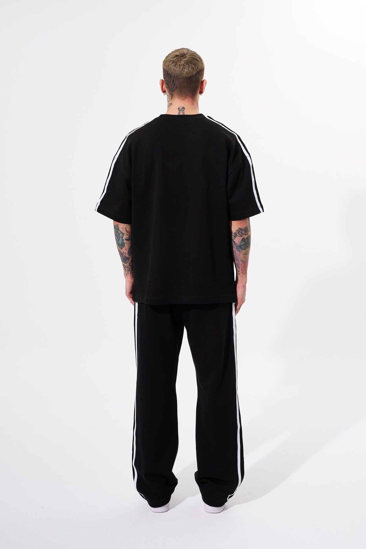 Erkek Striped Sleeves Basic Oversize Siyah Takım