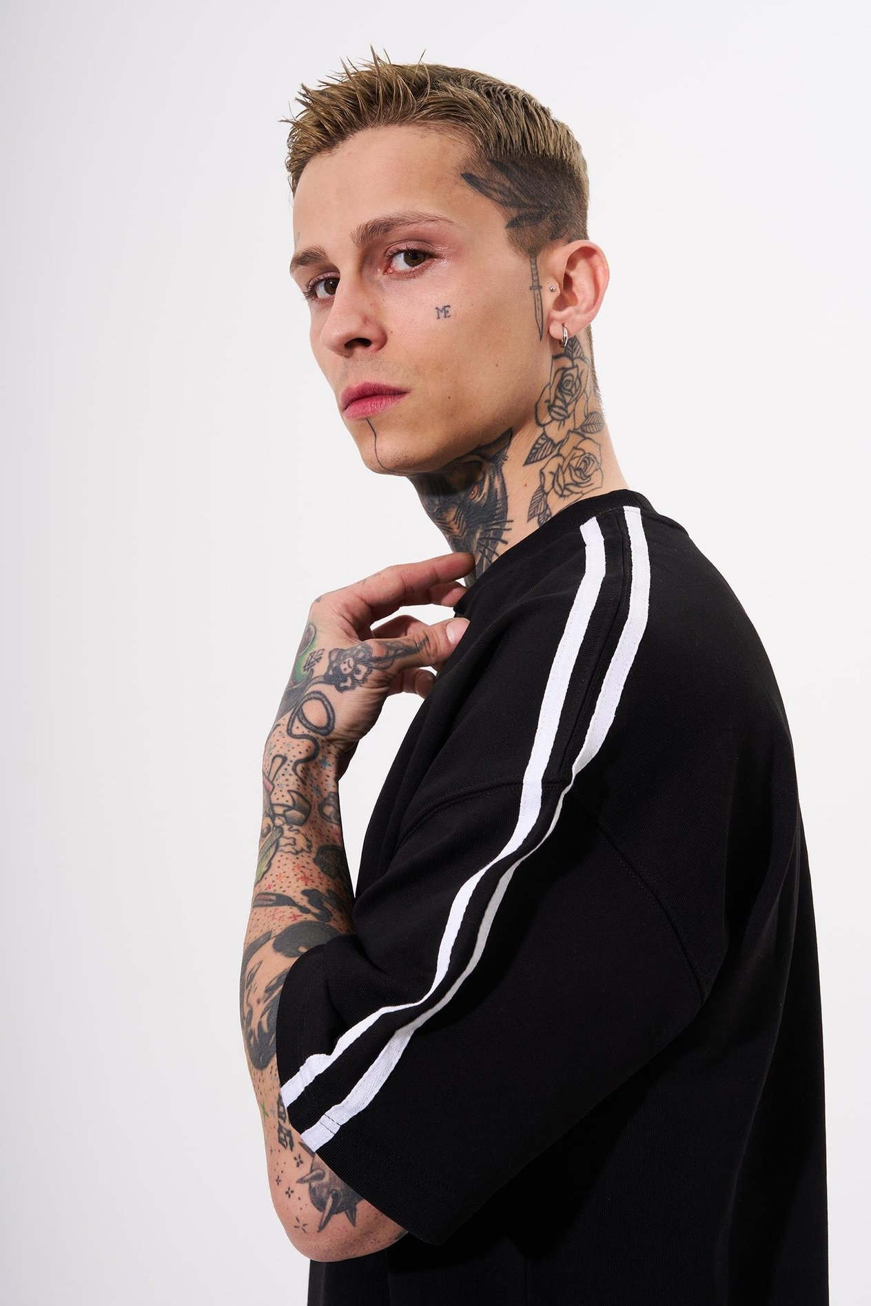Erkek Striped Sleeves Basic Oversize Siyah Takım
