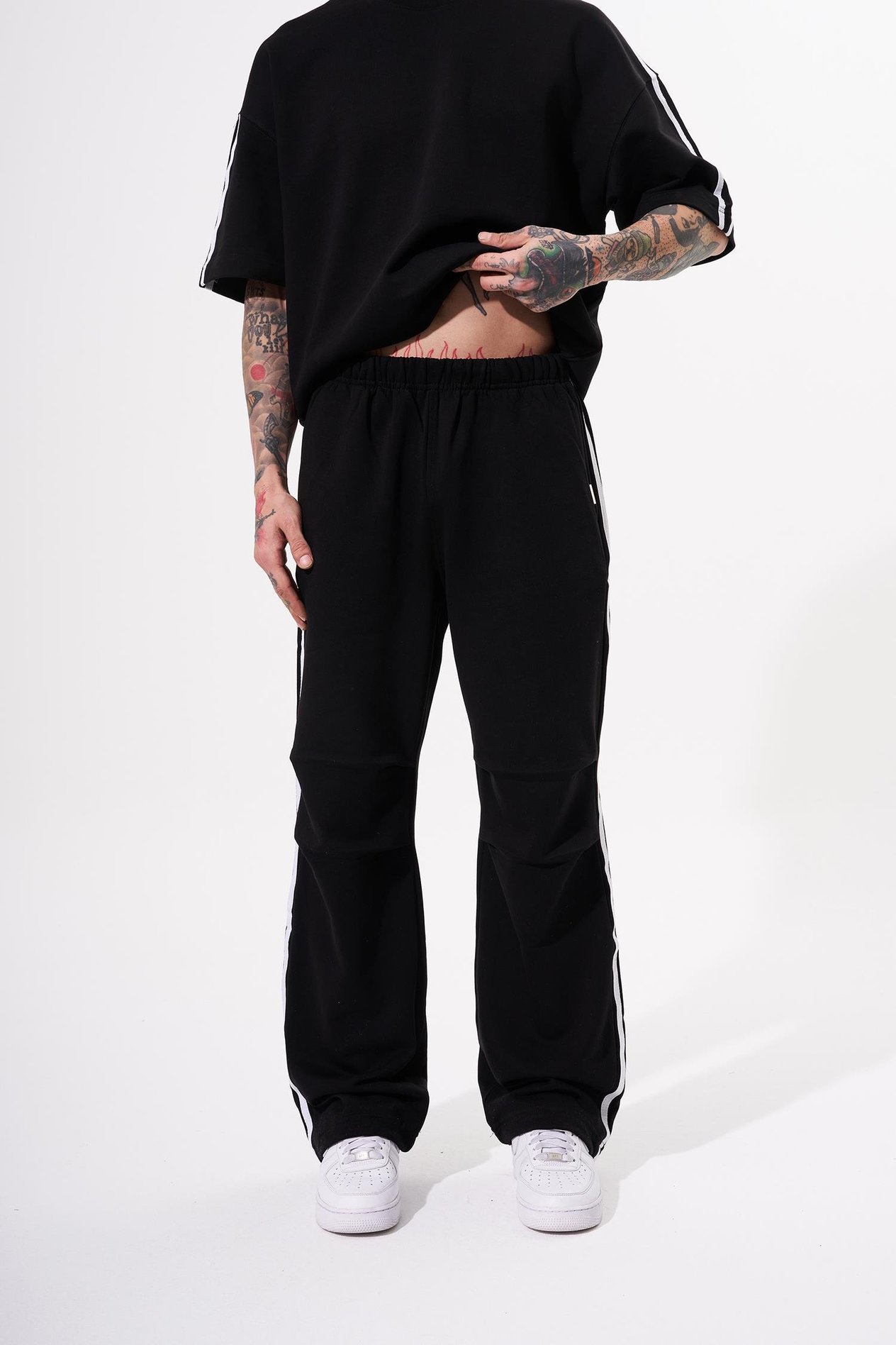 Erkek Striped Sleeves Basic Oversize Siyah Takım