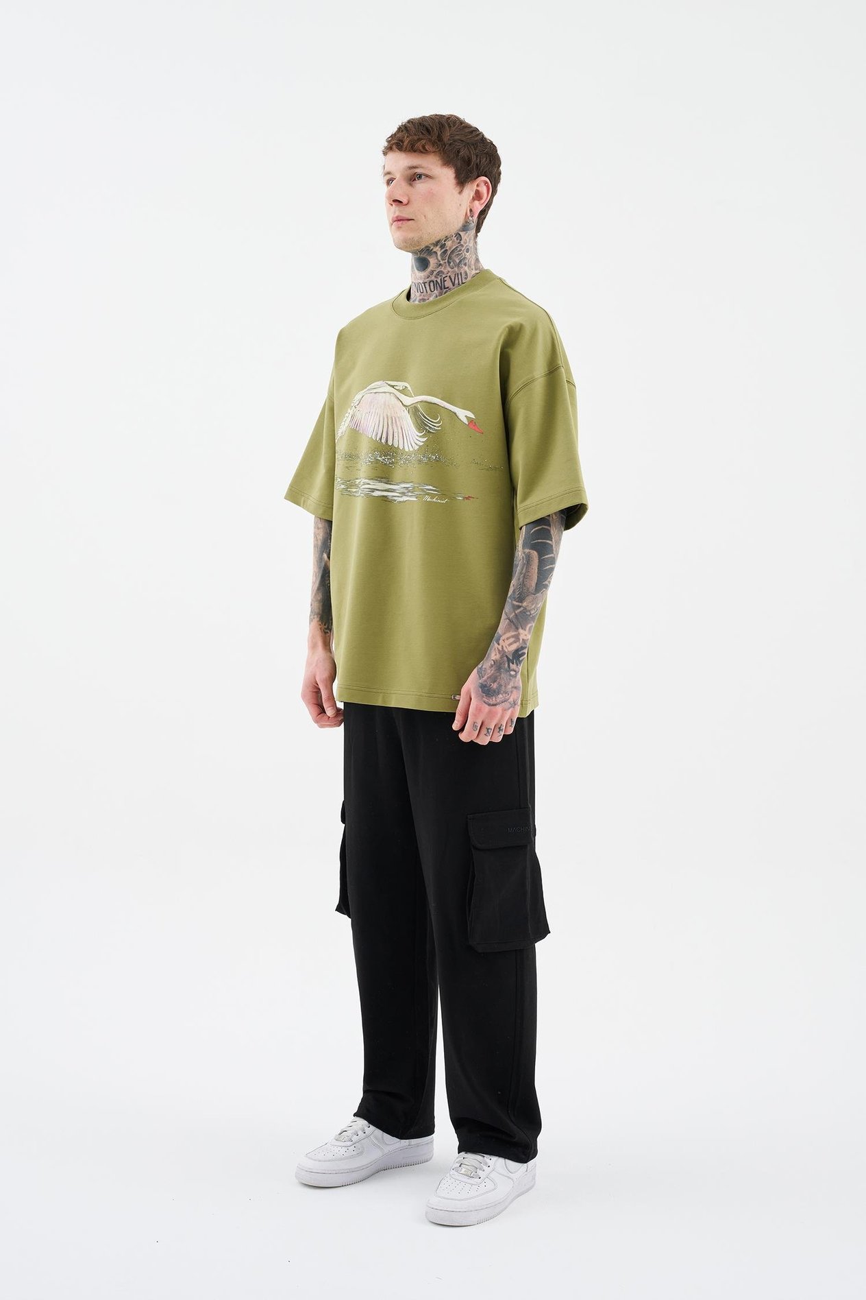 Erkek Swan Printed Oversi̇ze Ti̇şört ARMY GREEN