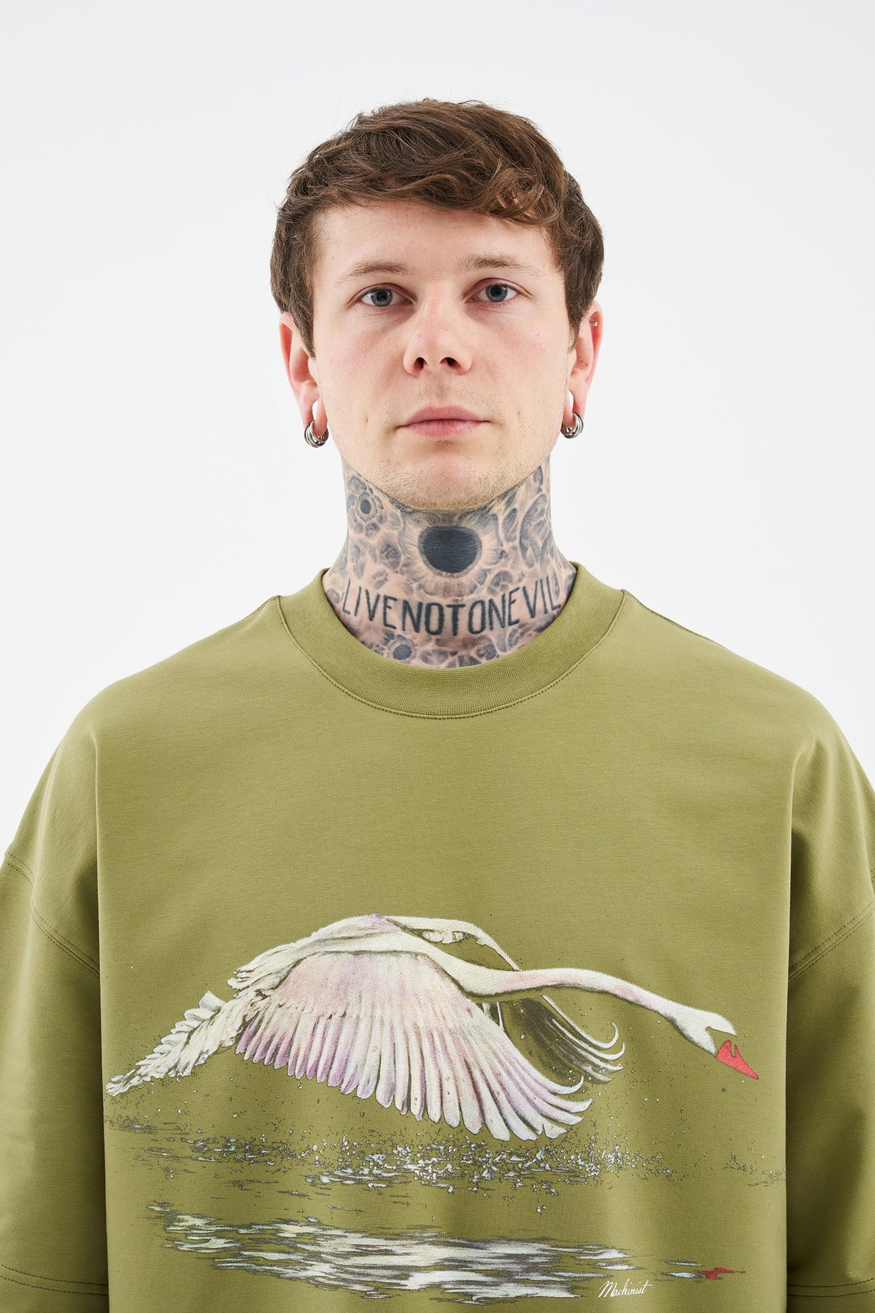Erkek Swan Printed Oversi̇ze Ti̇şört ARMY GREEN