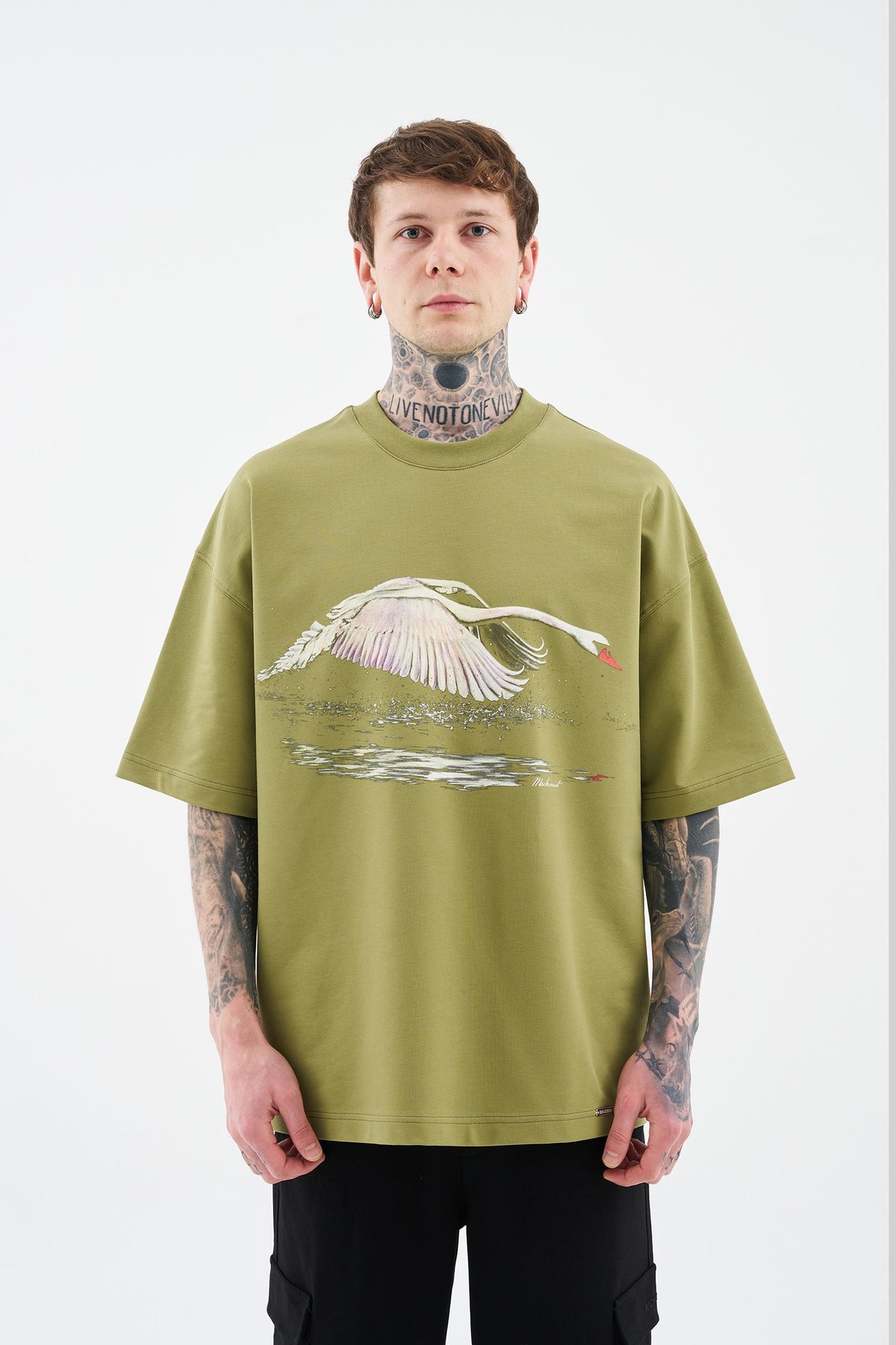 Erkek Swan Printed Oversi̇ze Ti̇şört ARMY GREEN