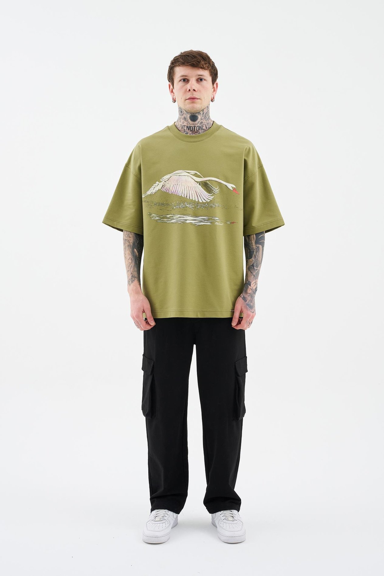 Erkek Swan Printed Oversi̇ze Ti̇şört ARMY GREEN