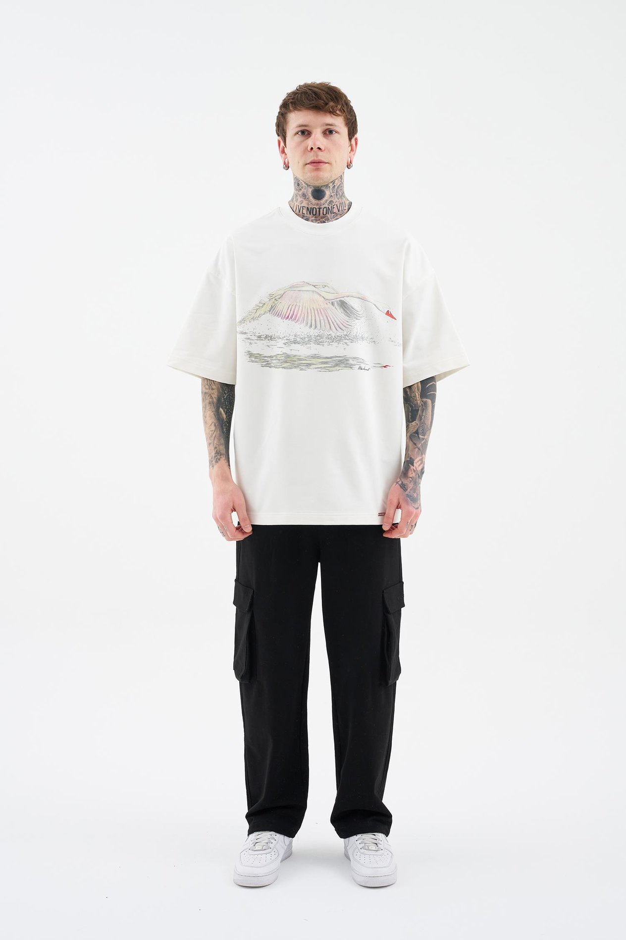 Erkek Swan Printed Oversi̇ze Ti̇şört ECRU