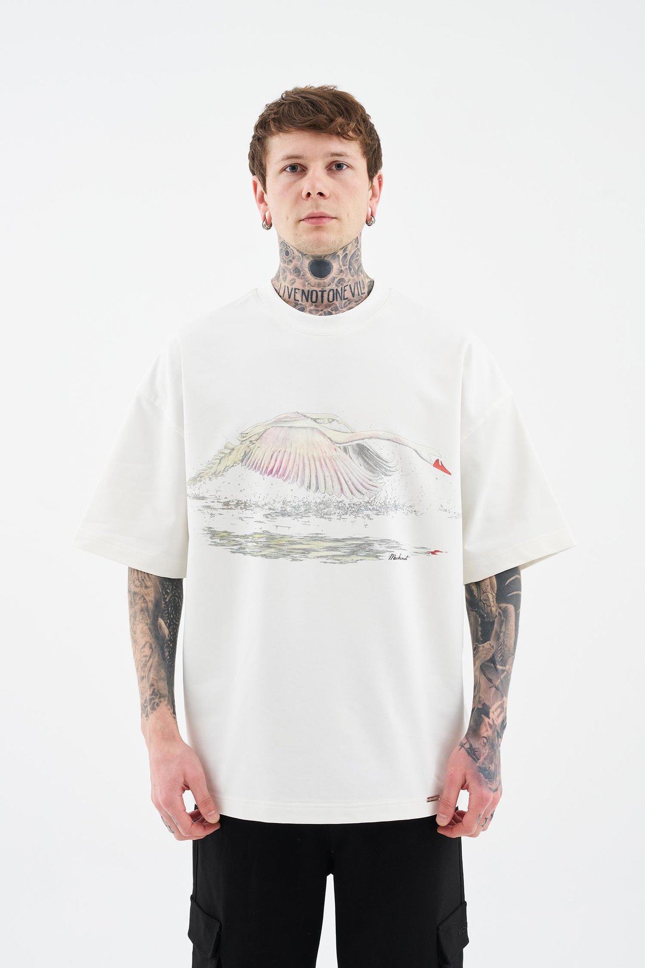 Erkek Swan Printed Oversi̇ze Ti̇şört ECRU