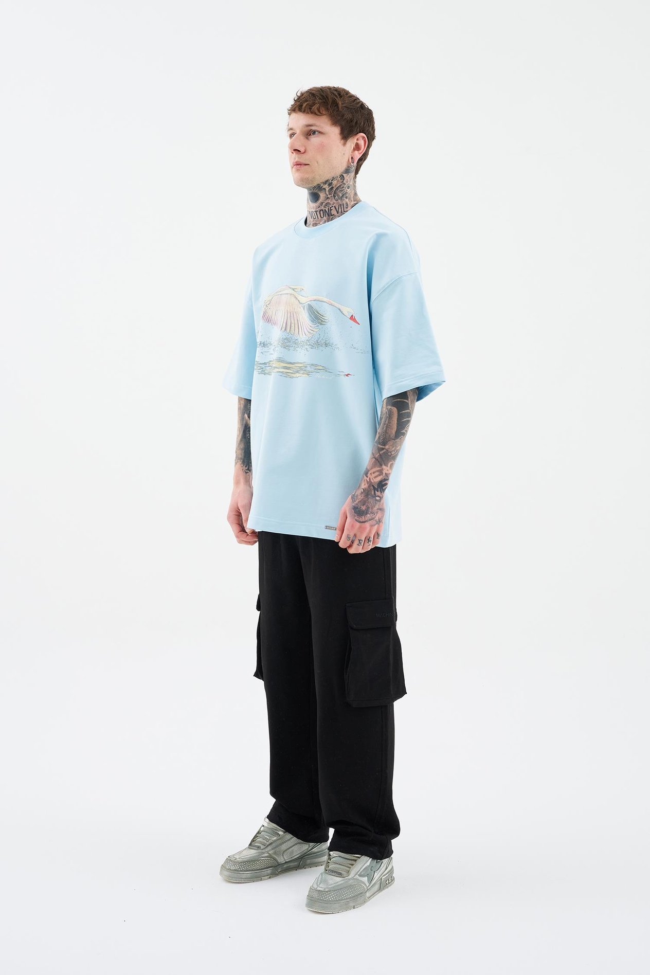 Erkek Swan Printed Oversi̇ze Ti̇şört LIGHT BLUE