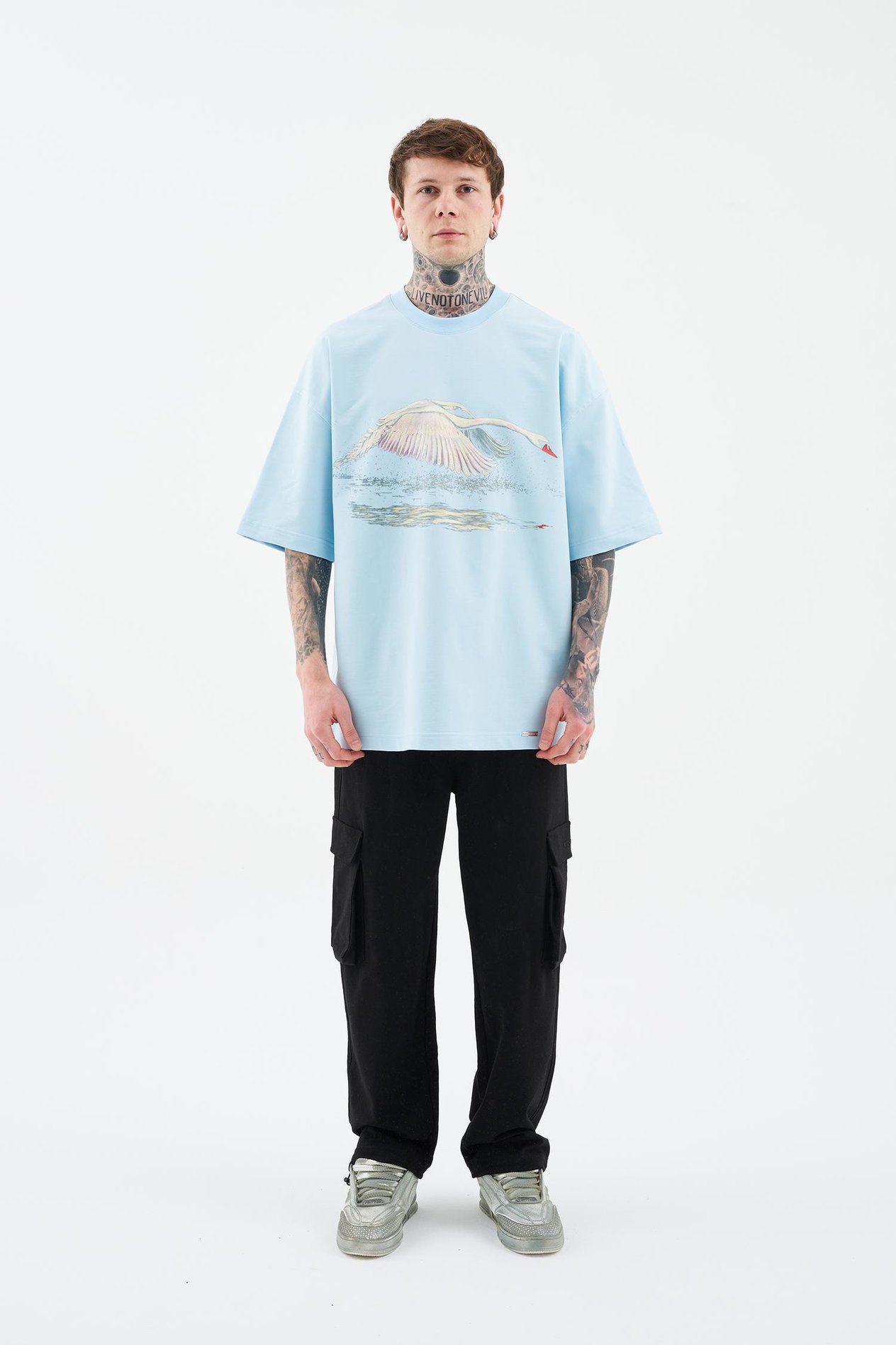 Erkek Swan Printed Oversi̇ze Ti̇şört LIGHT BLUE
