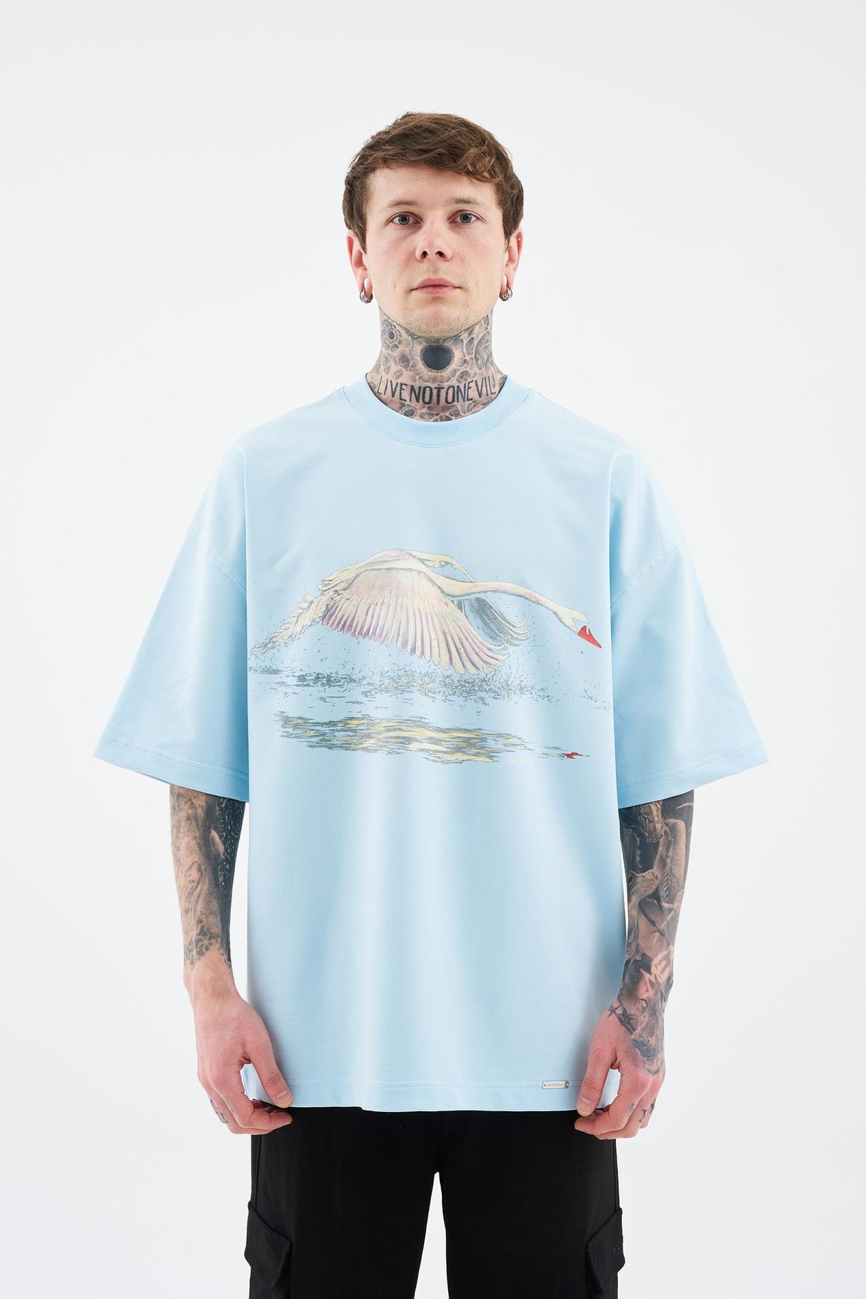 Erkek Swan Printed Oversi̇ze Ti̇şört LIGHT BLUE
