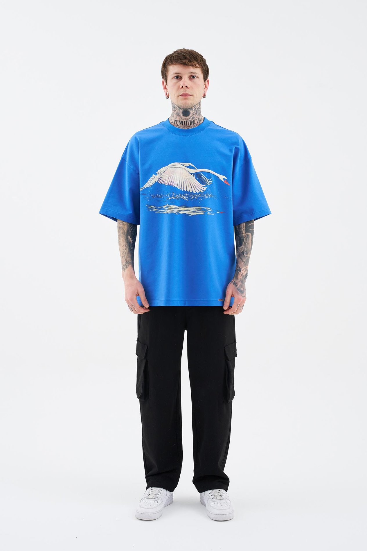 Erkek Swan Printed Oversi̇ze Ti̇şört SOFT BLUE
