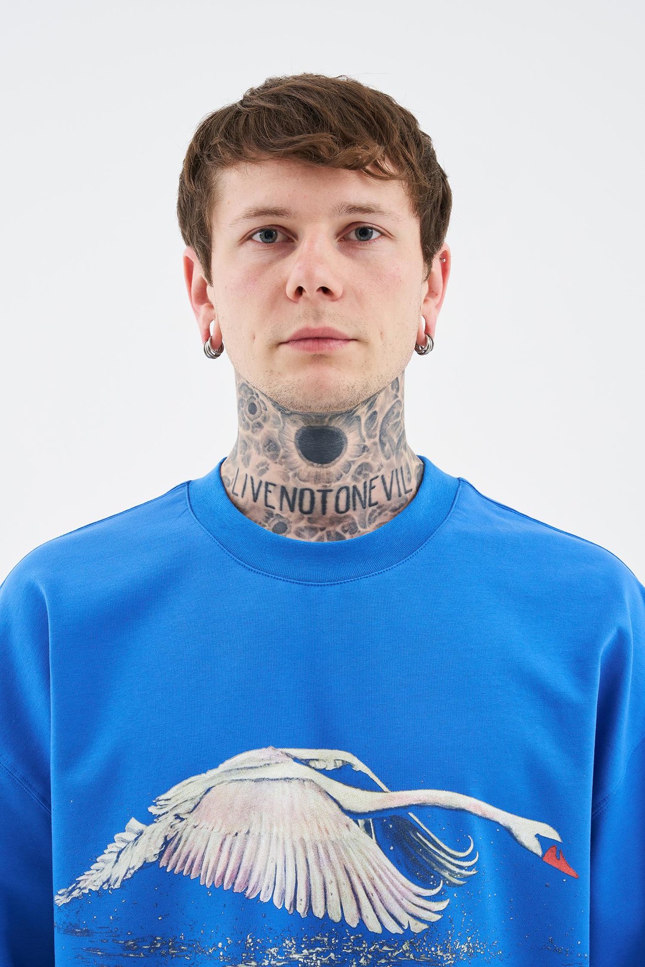 Erkek Swan Printed Oversi̇ze Ti̇şört SOFT BLUE