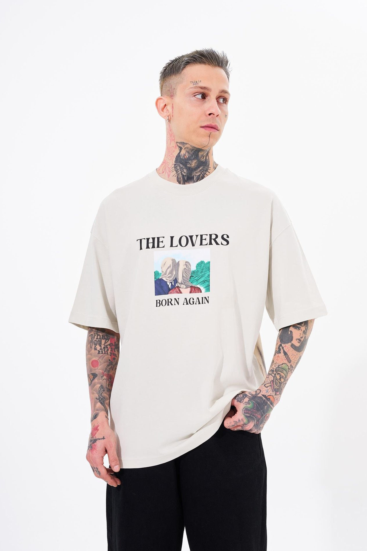 Erkek The Lovers Baskılı Oversize Gri Tişört