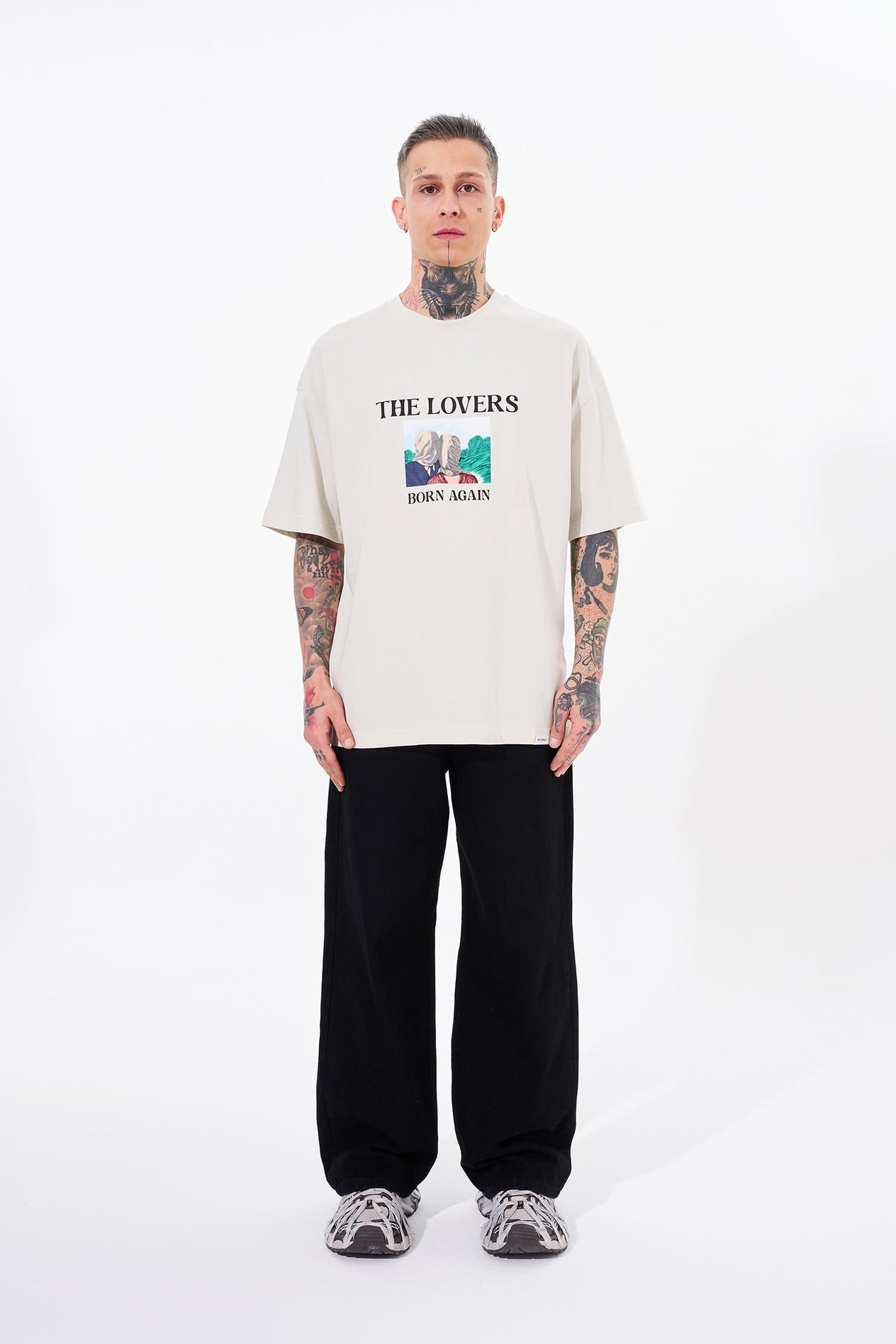 Erkek The Lovers Baskılı Oversize Gri Tişört