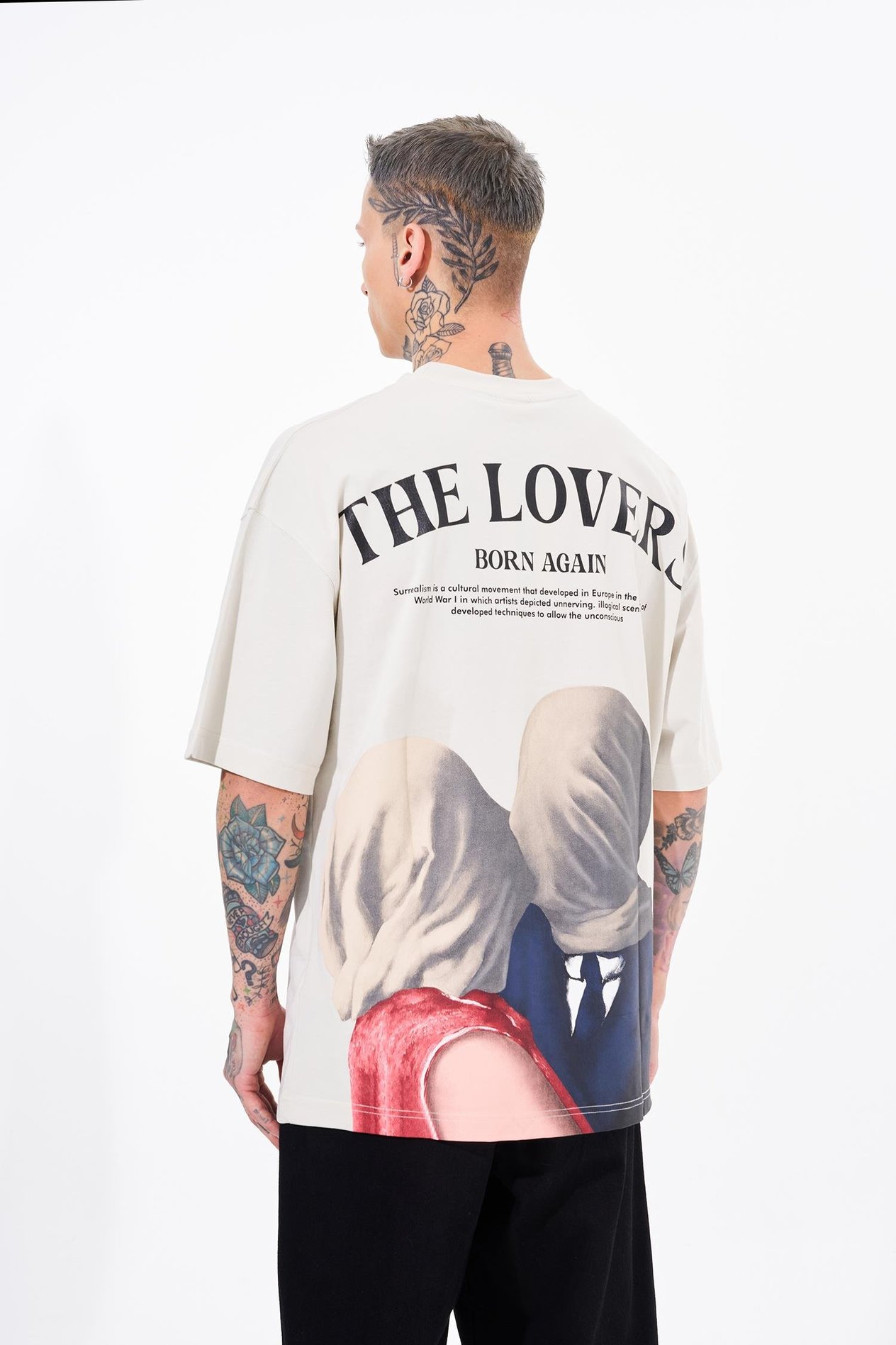 Erkek The Lovers Baskılı Oversize Gri Tişört