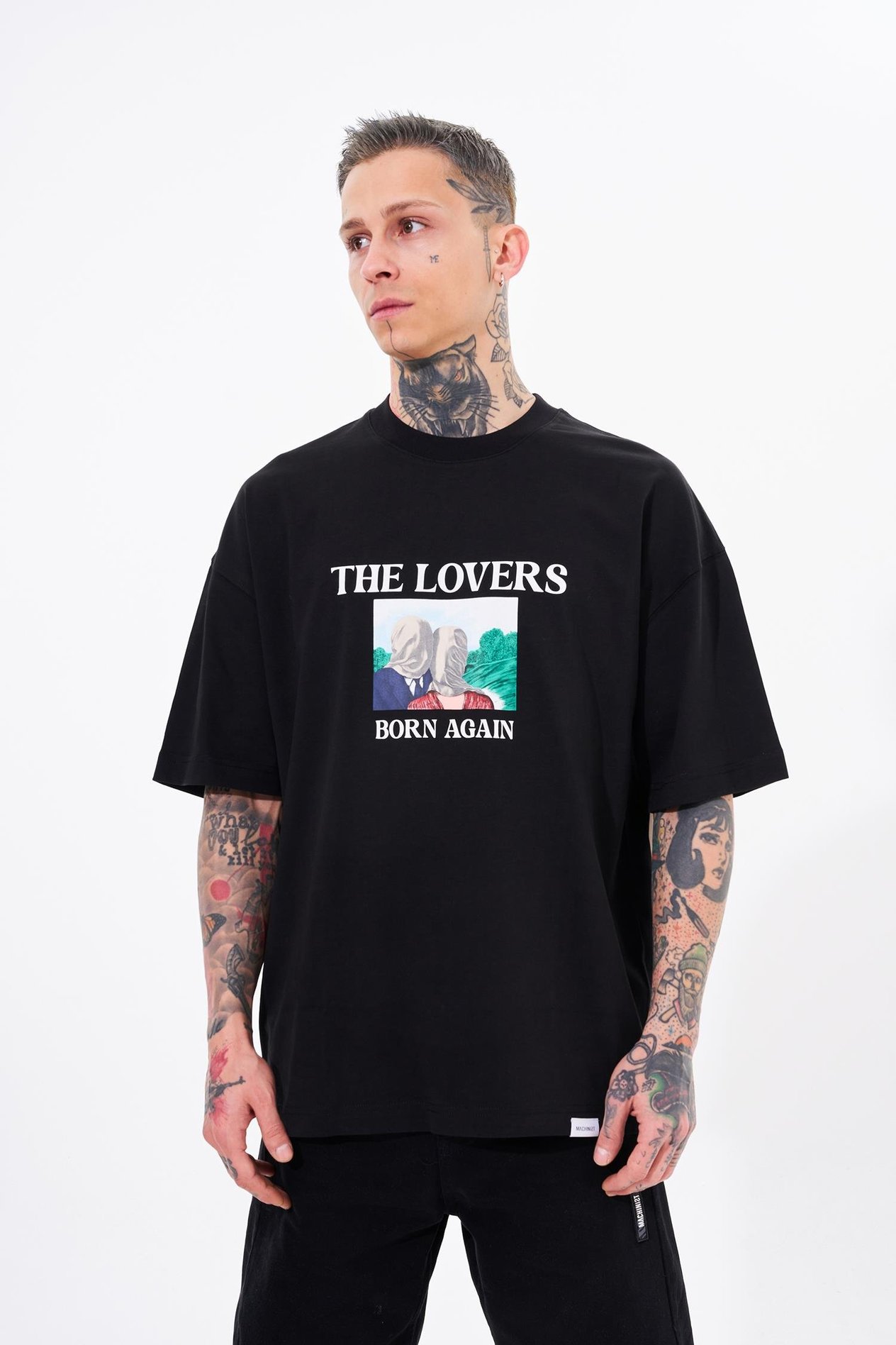 Erkek The Lovers Baskılı Oversize Siyah Tişört