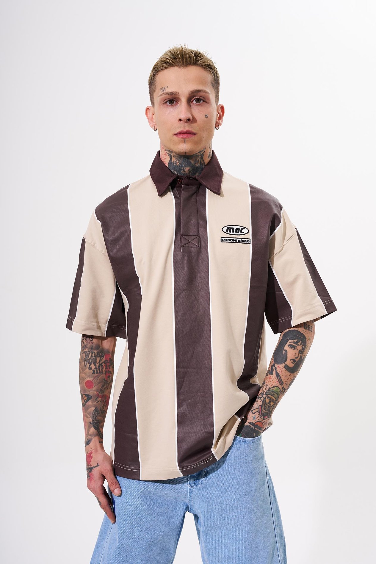 Erkek Thic Stripes Polo Yaka Bej Kahve Tişört