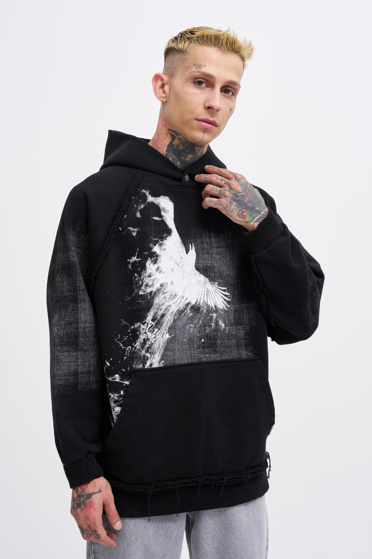 Erkek Tumbled Printed Hoodie BLACK