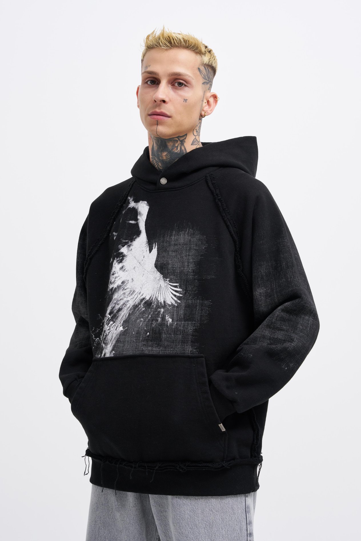 Erkek Tumbled Printed Hoodie BLACK