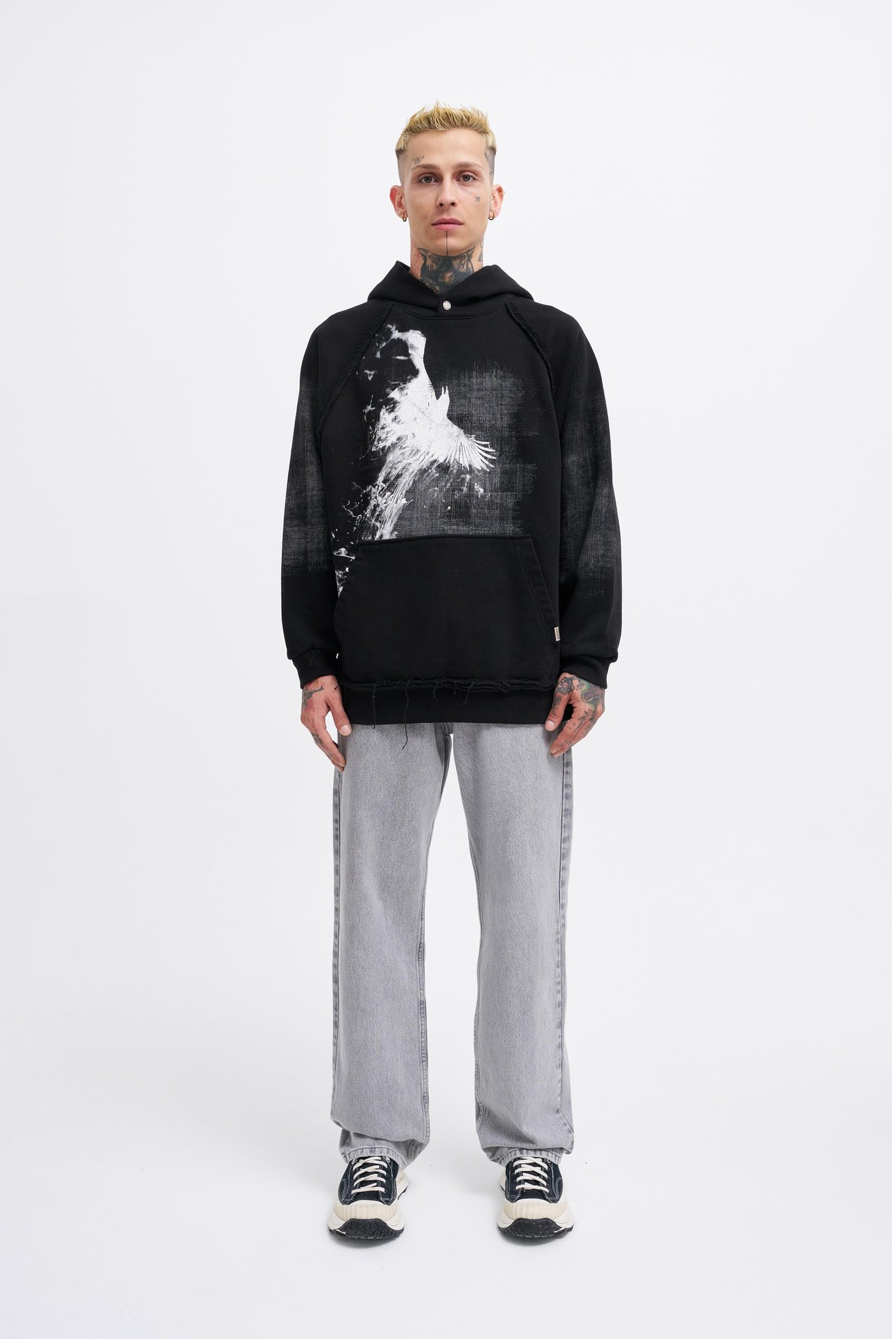 Erkek Tumbled Printed Hoodie BLACK