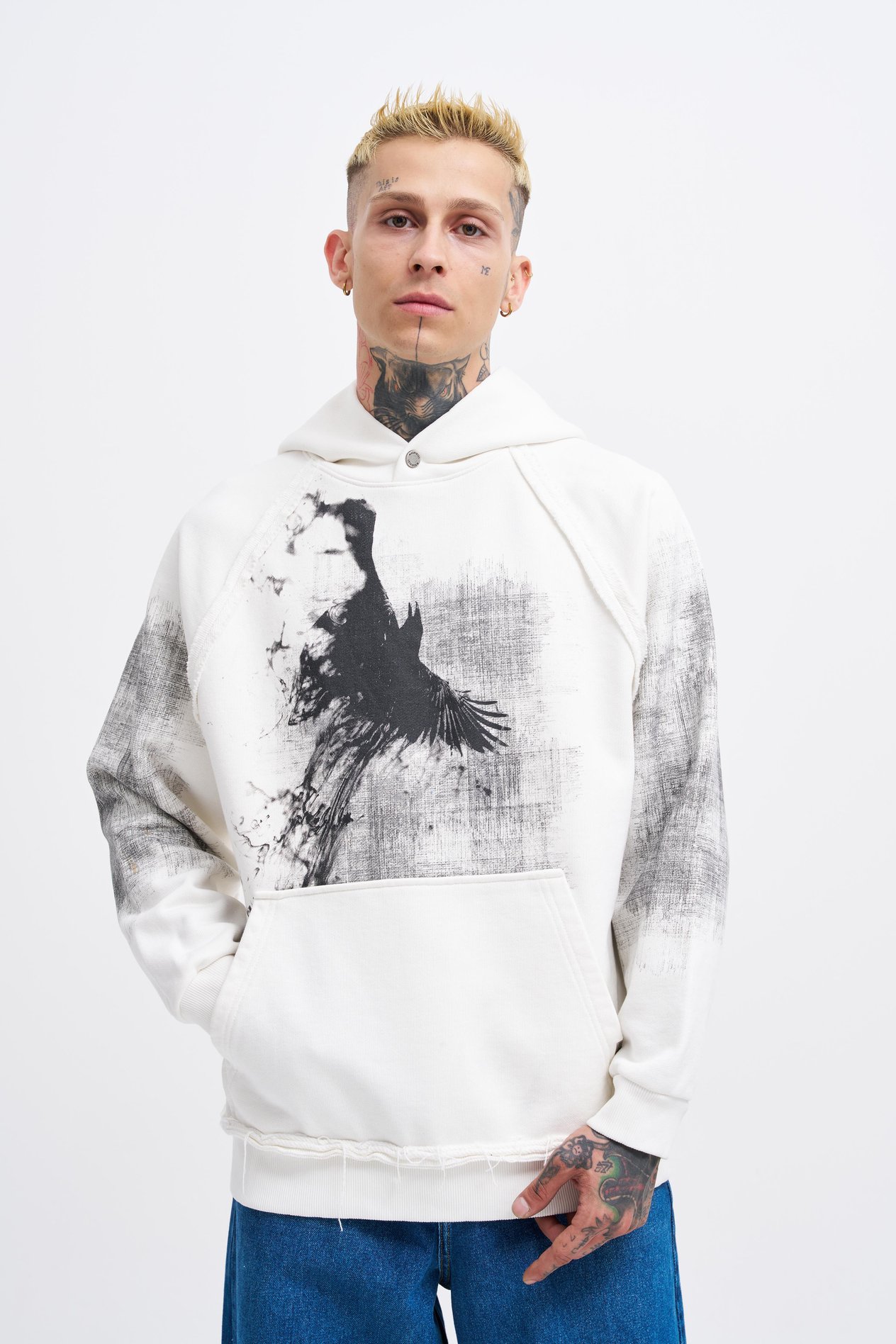 Erkek Tumbled Printed Hoodie ECRU