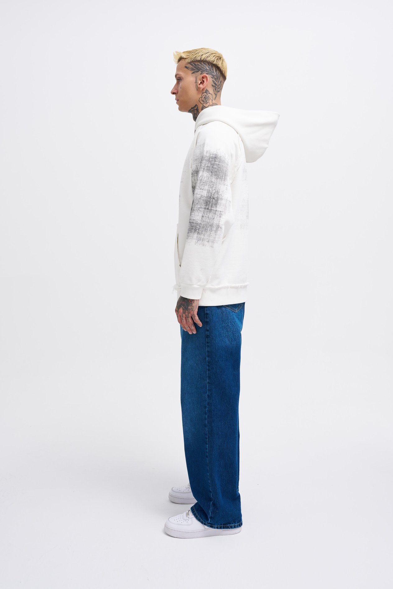 Erkek Tumbled Printed Hoodie ECRU