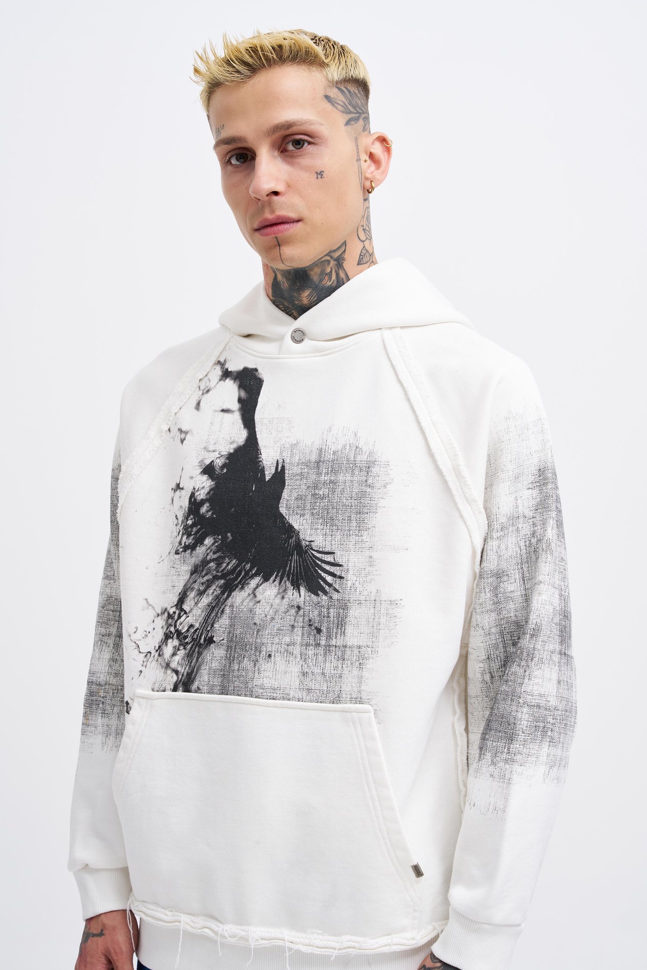 Erkek Tumbled Printed Hoodie ECRU