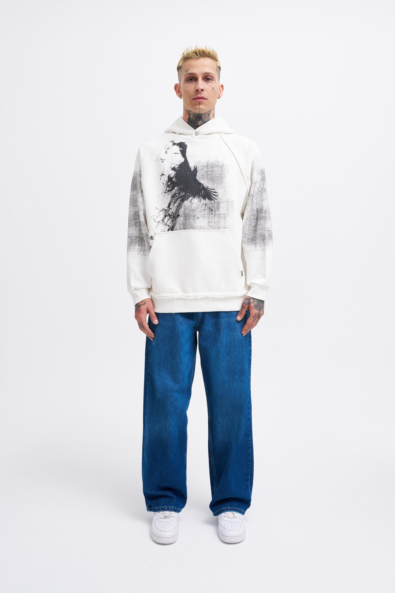 Erkek Tumbled Printed Hoodie ECRU