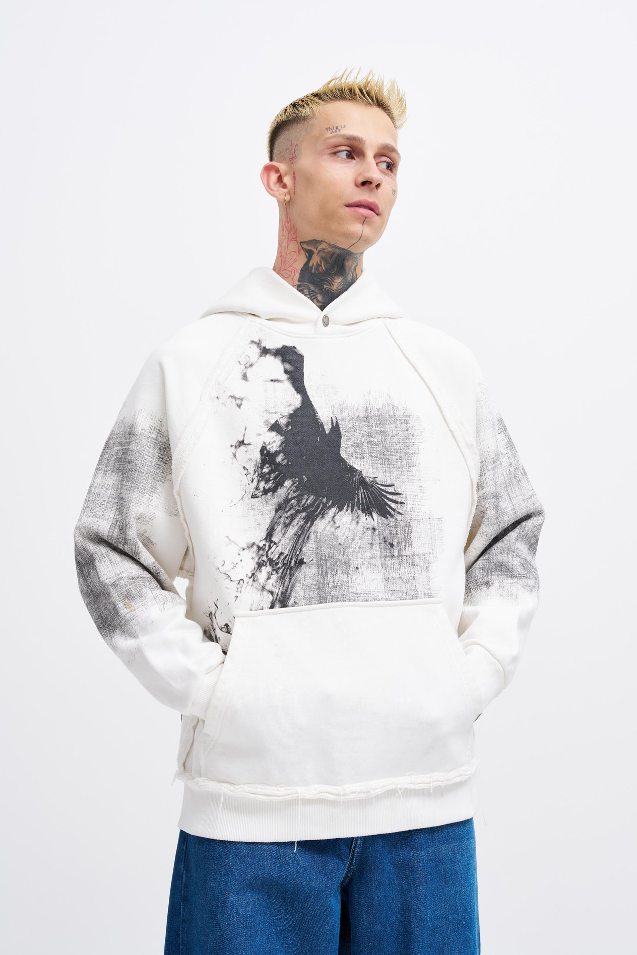 Erkek Tumbled Printed Hoodie ECRU