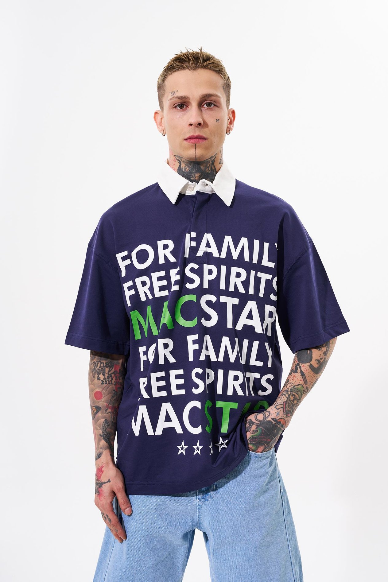 Erkek Wide Prinred Baskılı Polo Yaka Lacivert Tişört