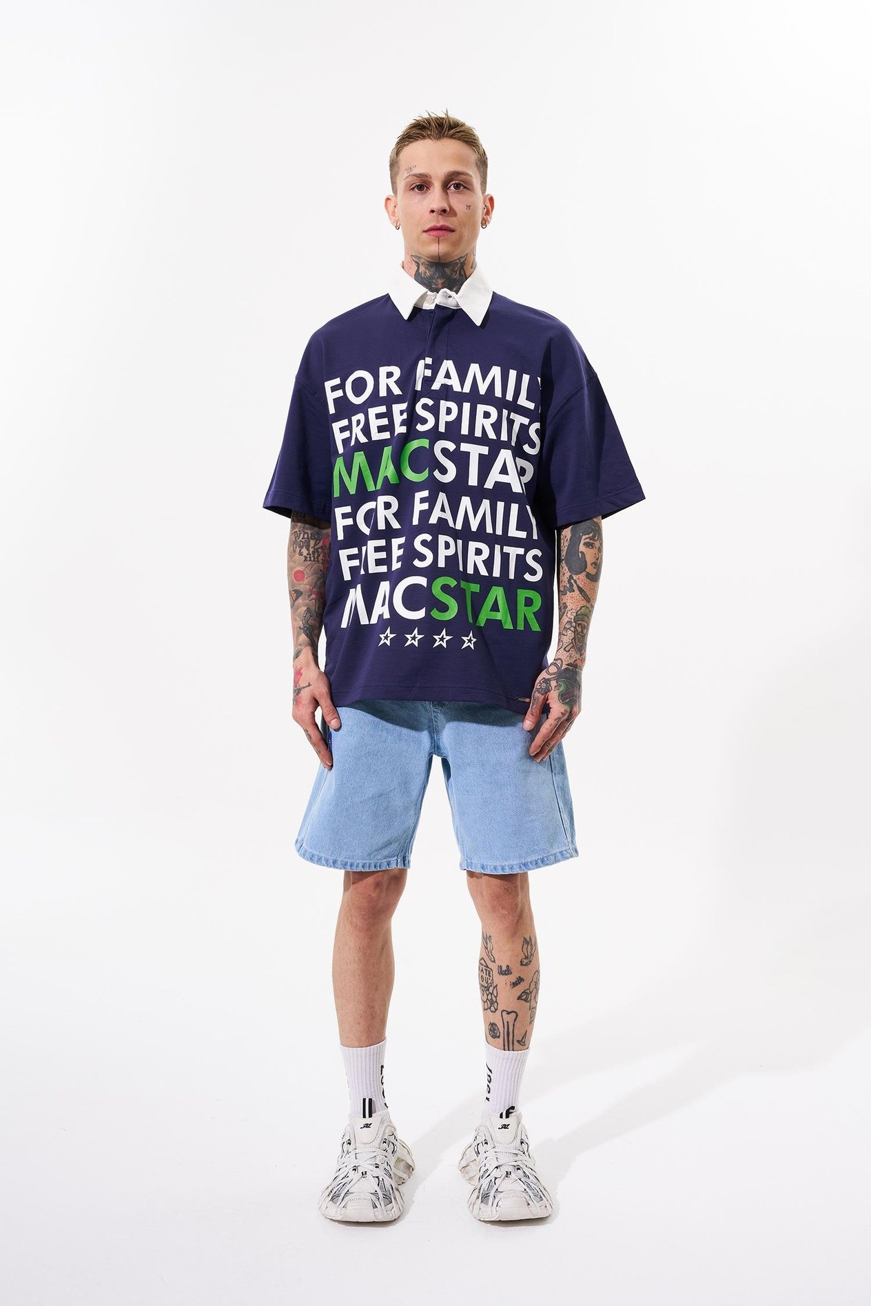 Erkek Wide Prinred Baskılı Polo Yaka Lacivert Tişört