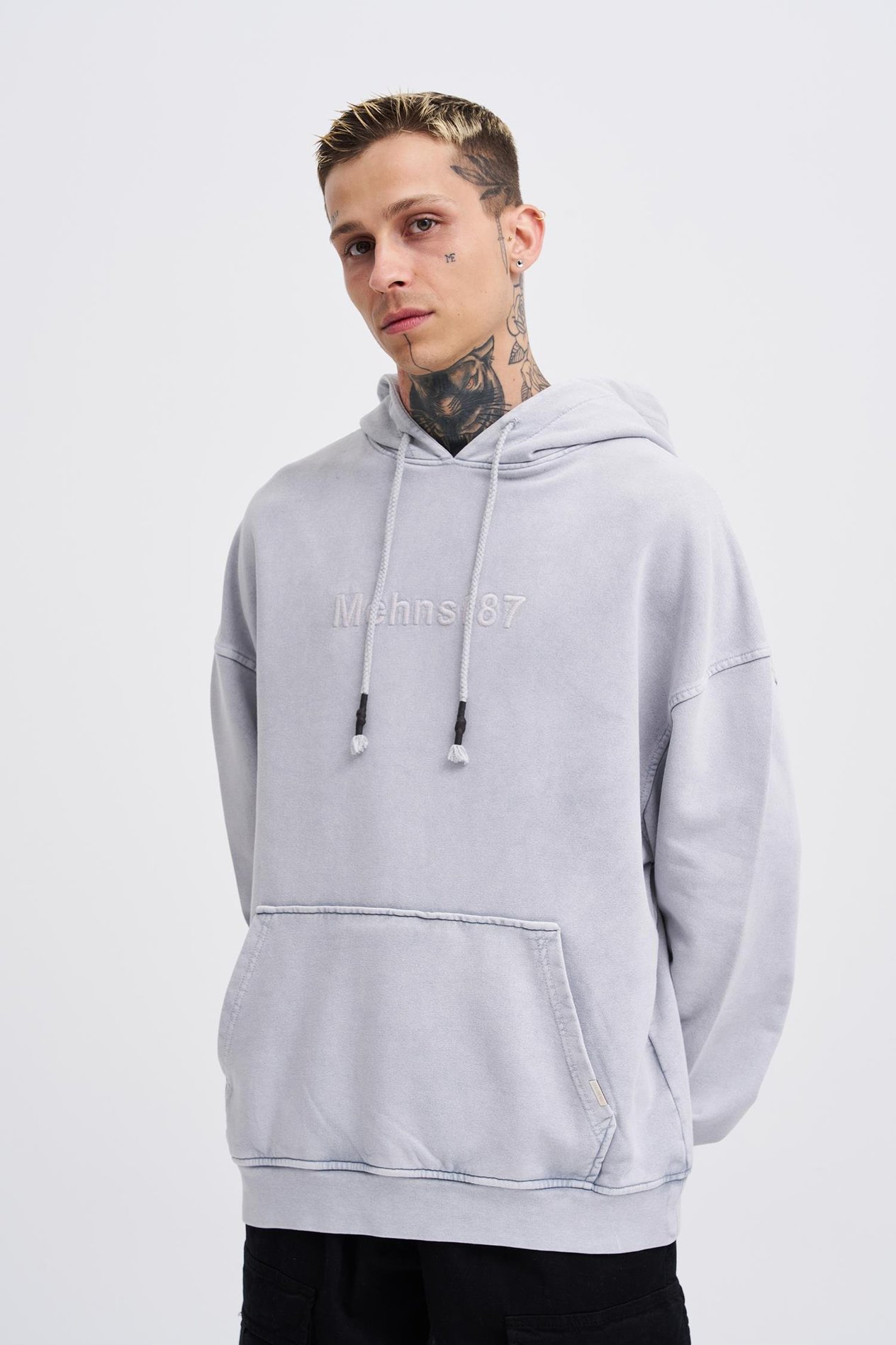 Erkek Yıkamalı Nakışlı Kapüşonlu Oversize Antrasit Sweatshirt