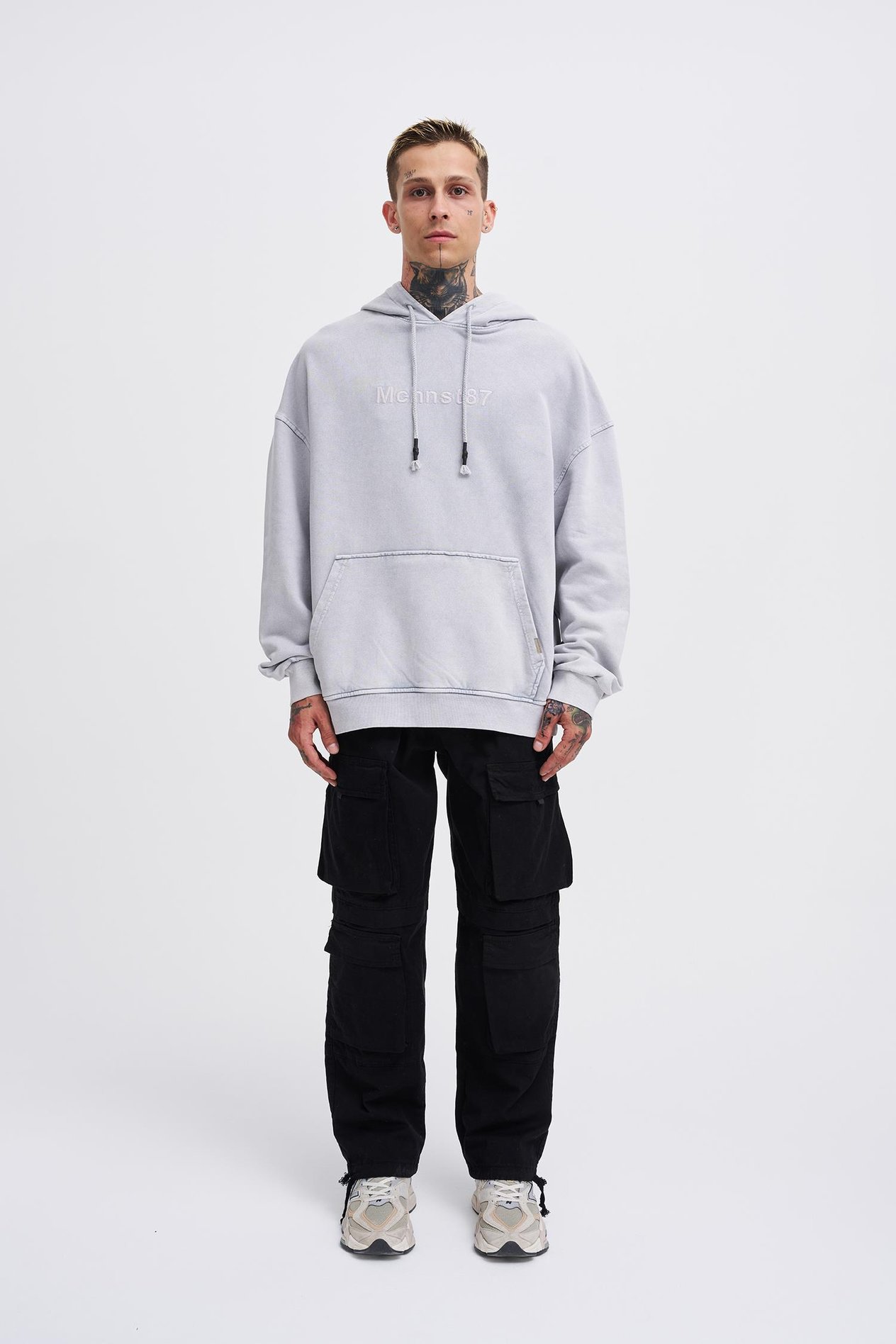 Erkek Yıkamalı Nakışlı Kapüşonlu Oversize Antrasit Sweatshirt