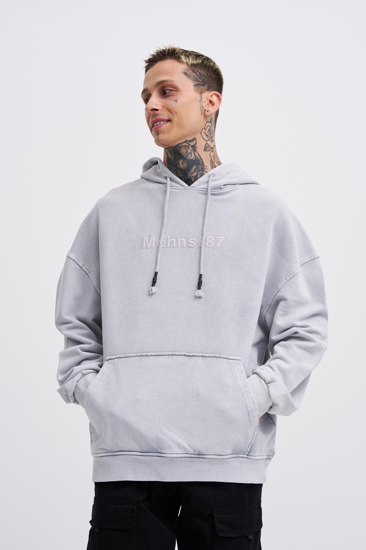 Erkek Yıkamalı Nakışlı Kapüşonlu Oversize Antrasit Sweatshirt