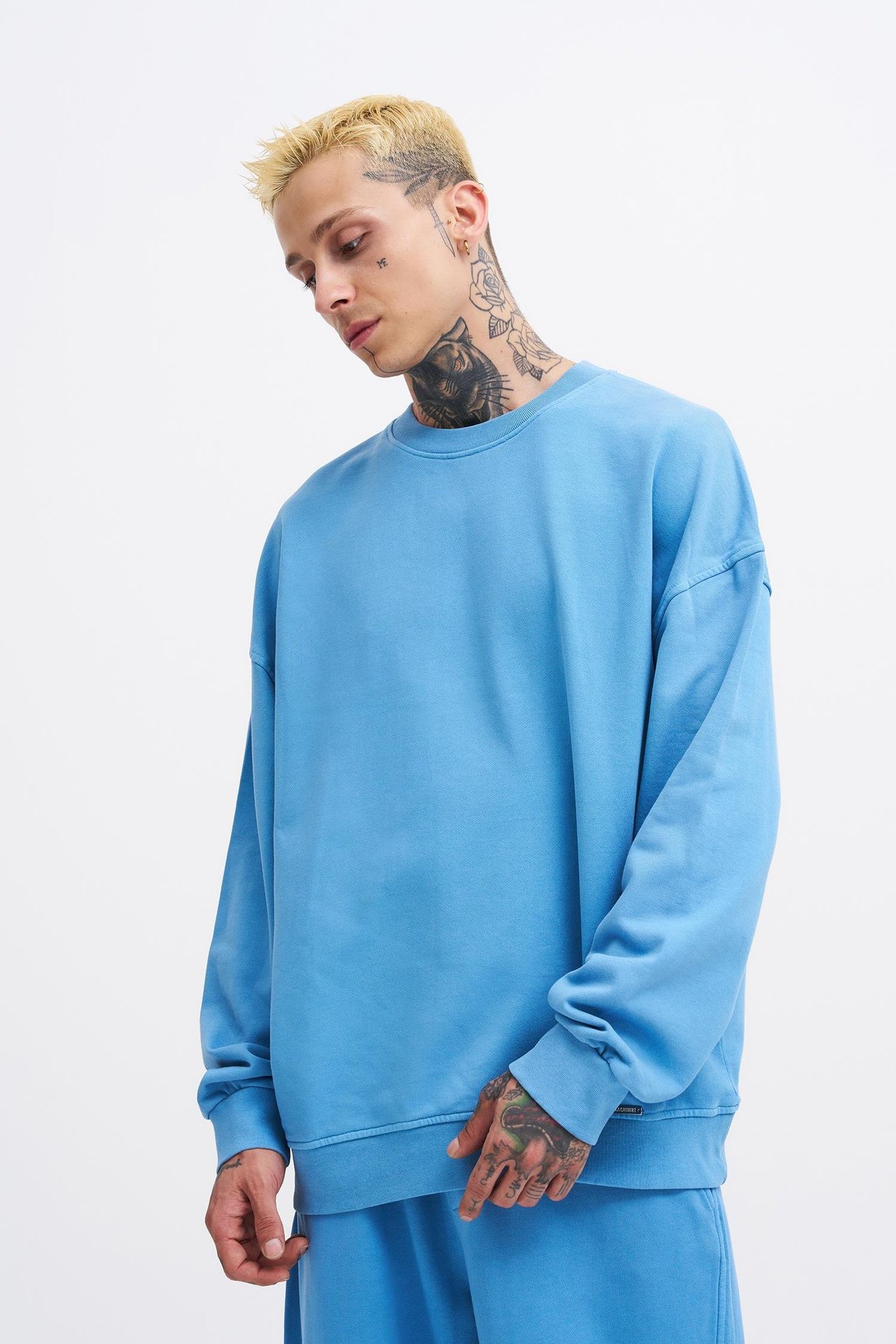 Erkek Yıkamalı Oversize Açık Mavi Sweatshirt