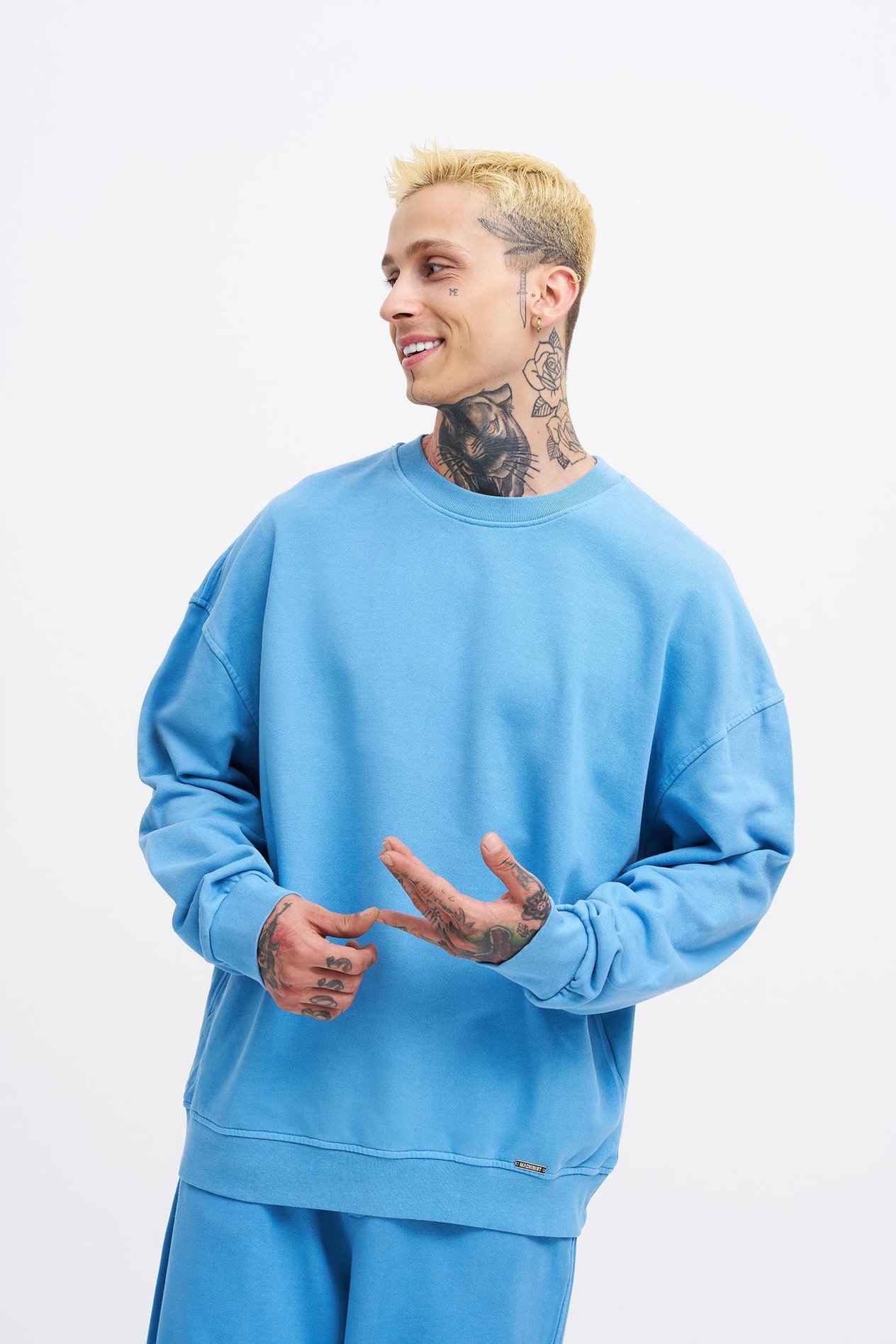 Erkek Yıkamalı Oversize Açık Mavi Sweatshirt