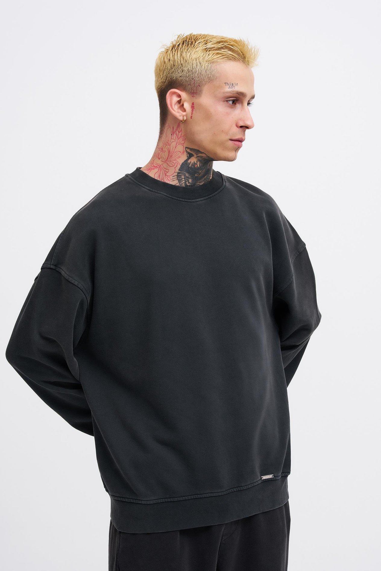 Erkek Yıkamalı Oversize Siyah Sweatshirt