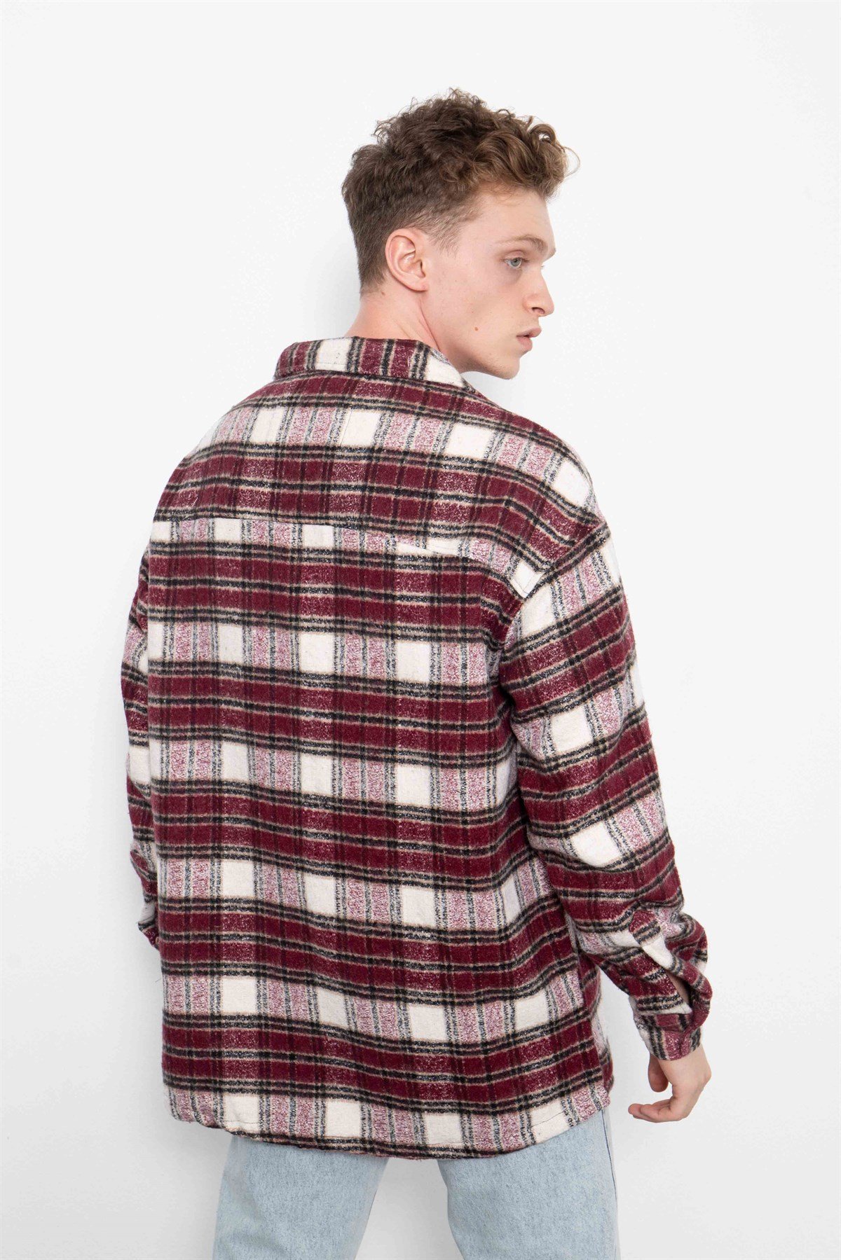 Oversize Pamuklu Oduncu Gömlek Bordo Beyaz