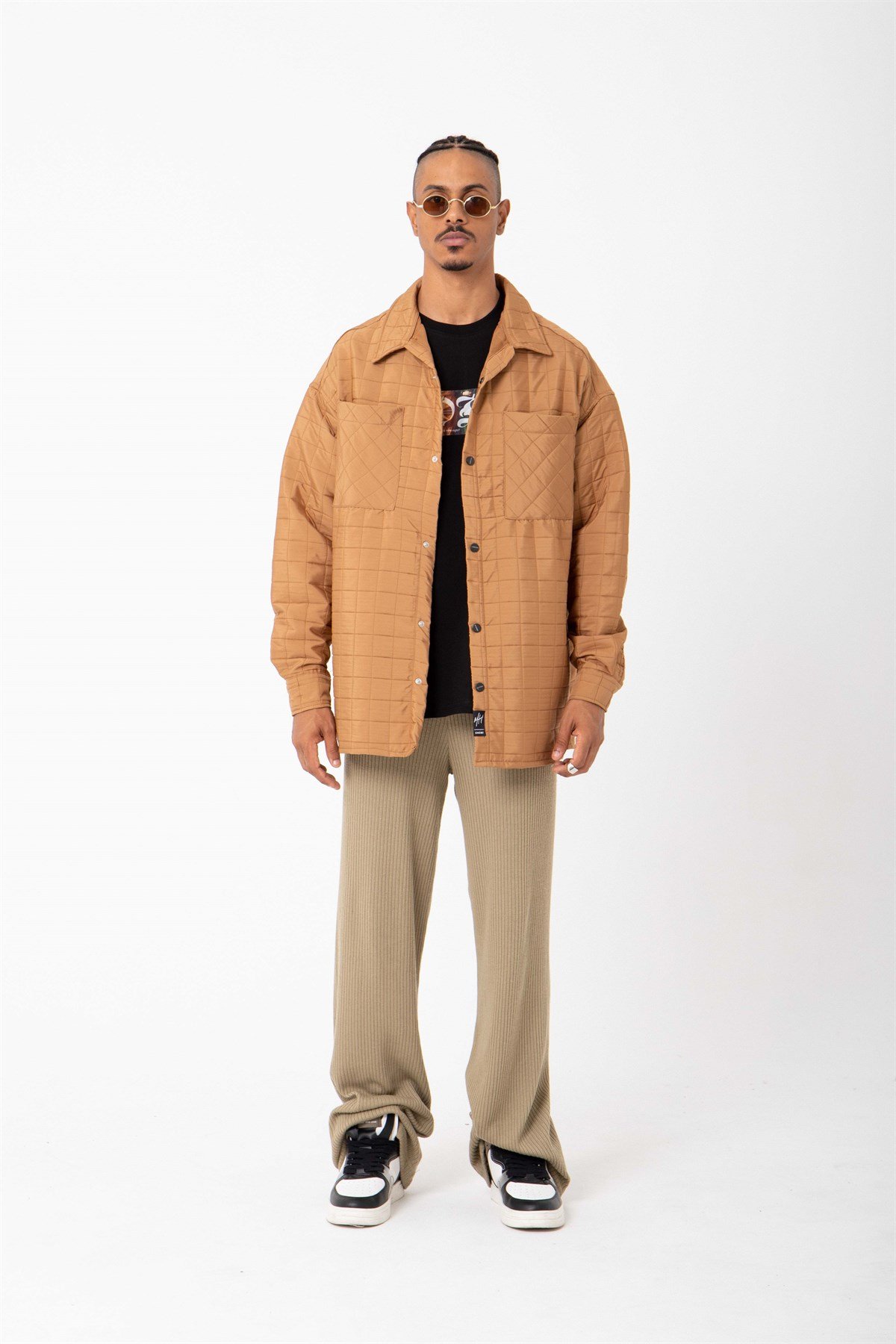 Oversize Kapitone Çift Cepli Camel Gömlek