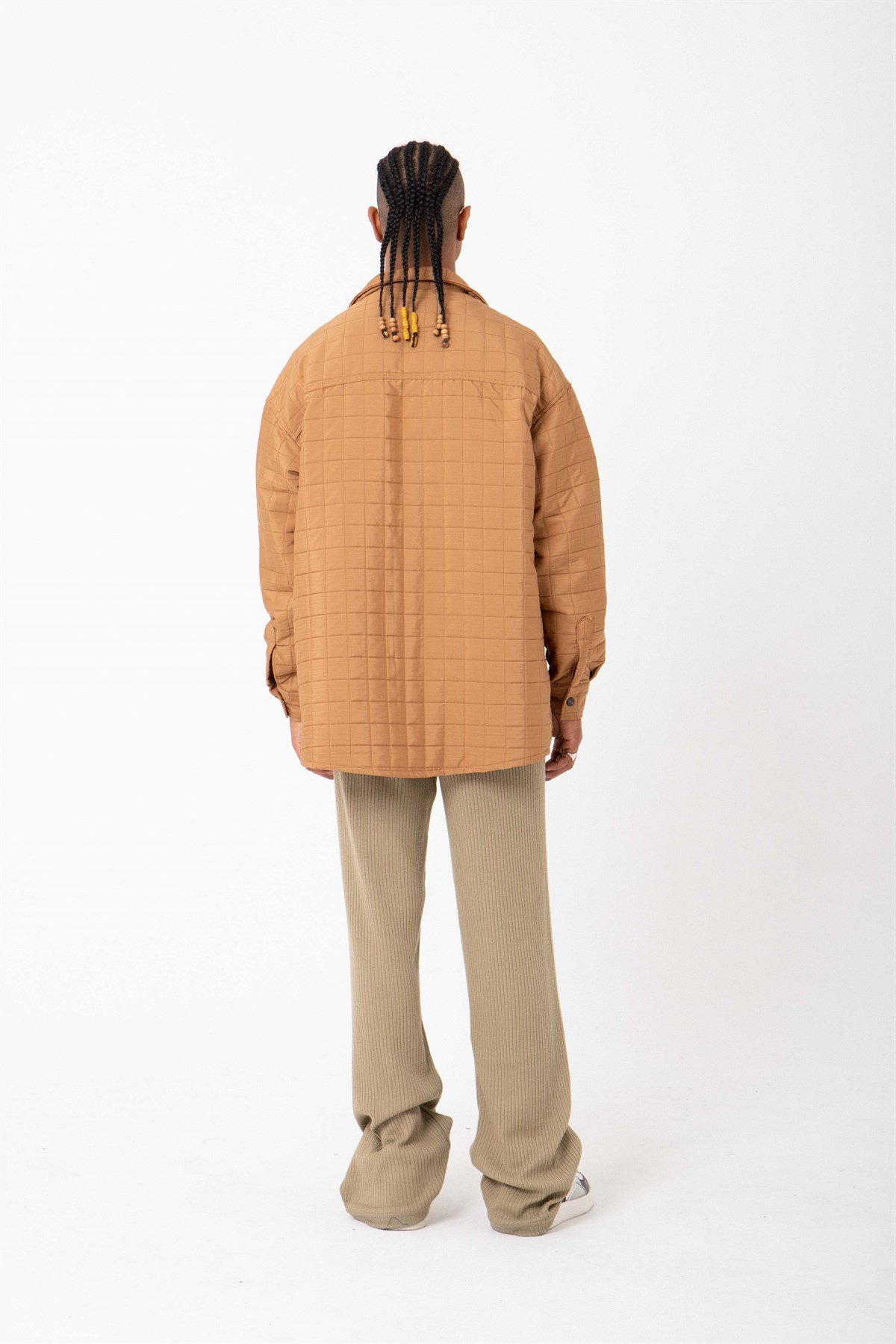 Oversize Kapitone Çift Cepli Camel Gömlek