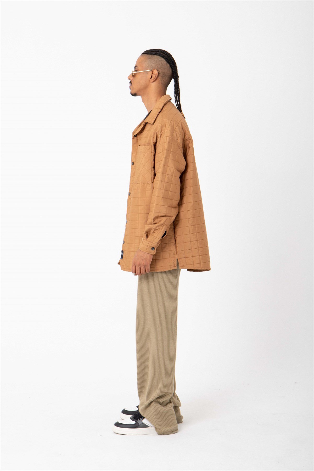 Oversize Kapitone Çift Cepli Camel Gömlek