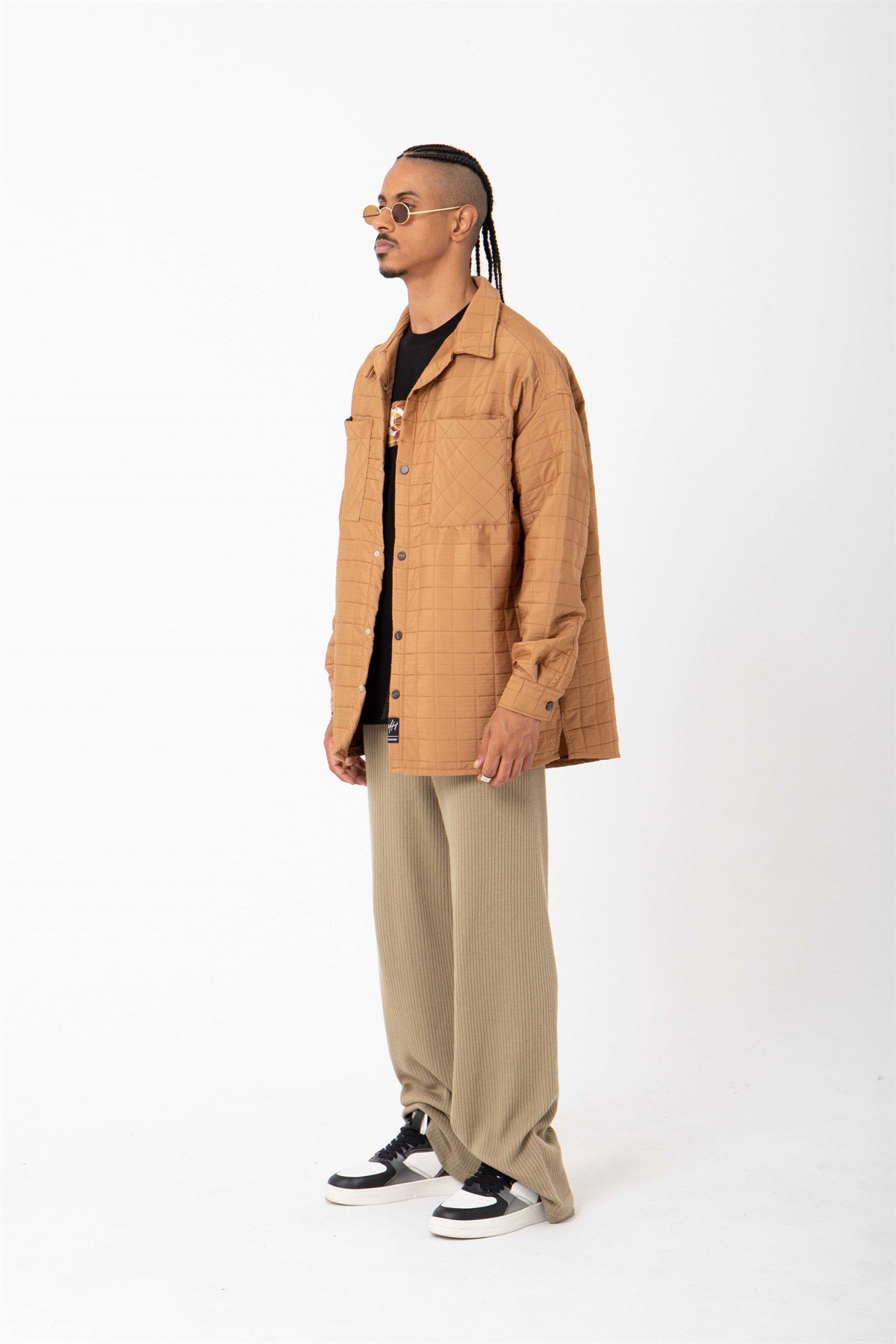 Oversize Kapitone Çift Cepli Camel Gömlek