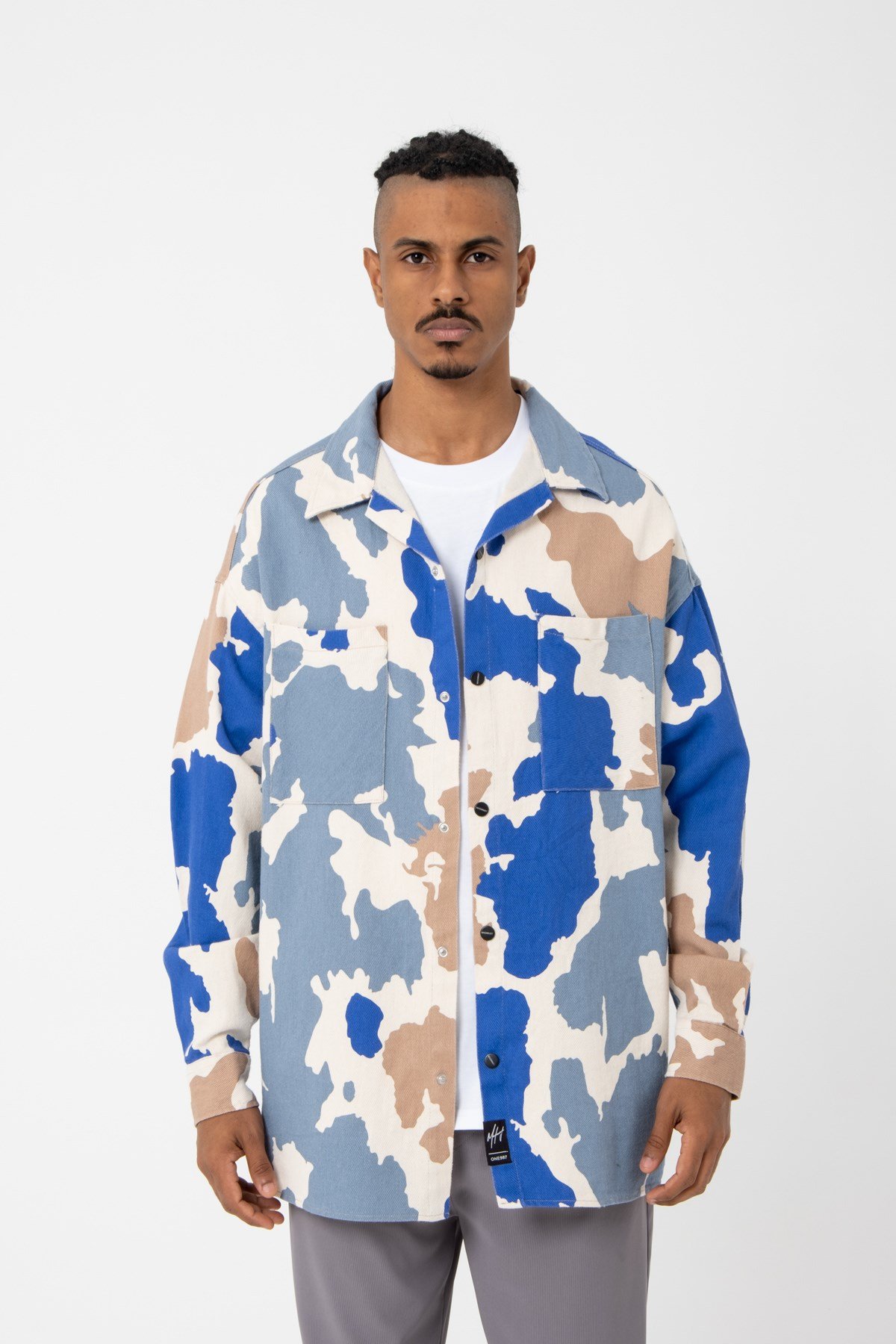 Oversize Kamuflaj Ekru-Saks Pamuklu Gömlek