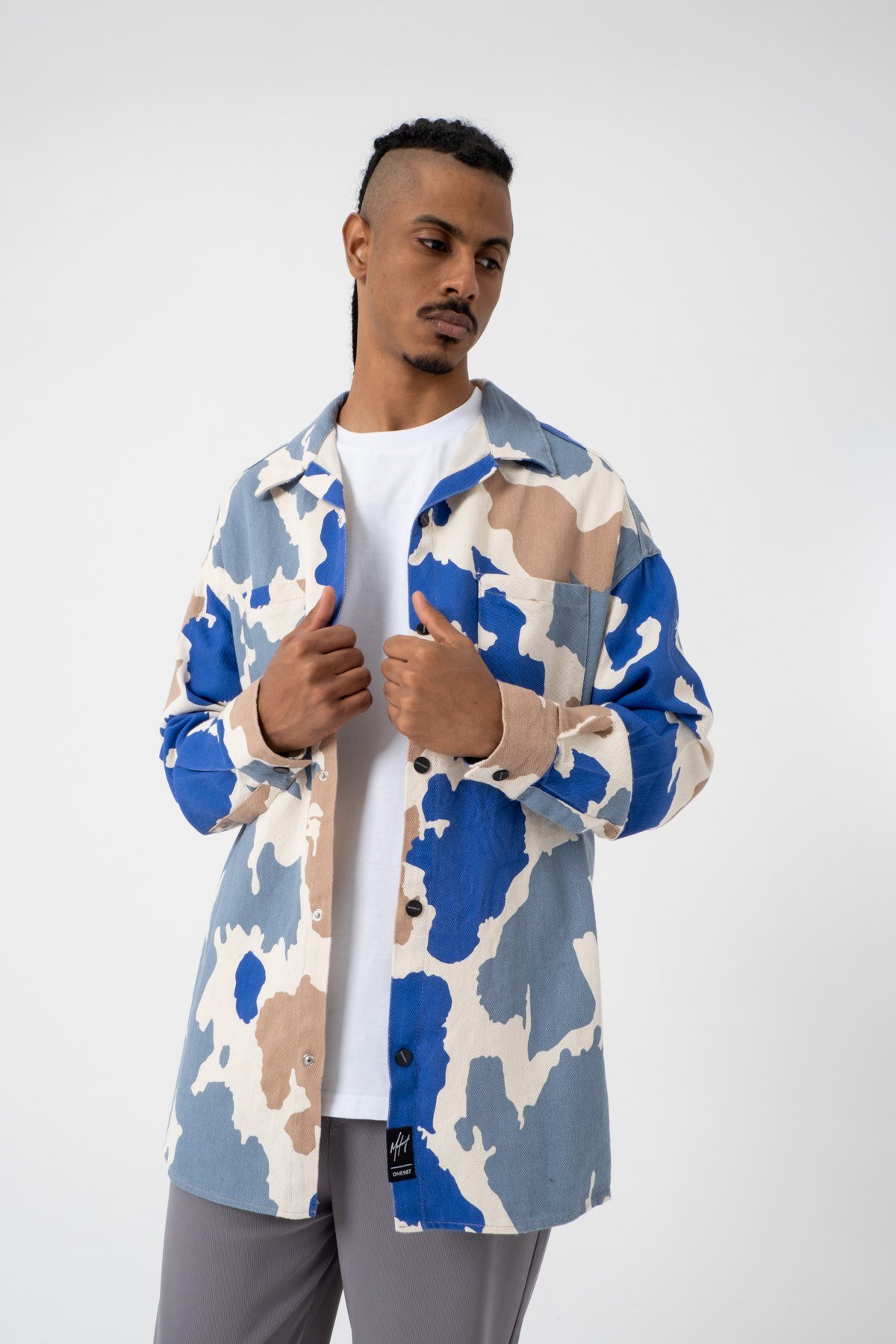 Oversize Kamuflaj Ekru-Saks Pamuklu Gömlek