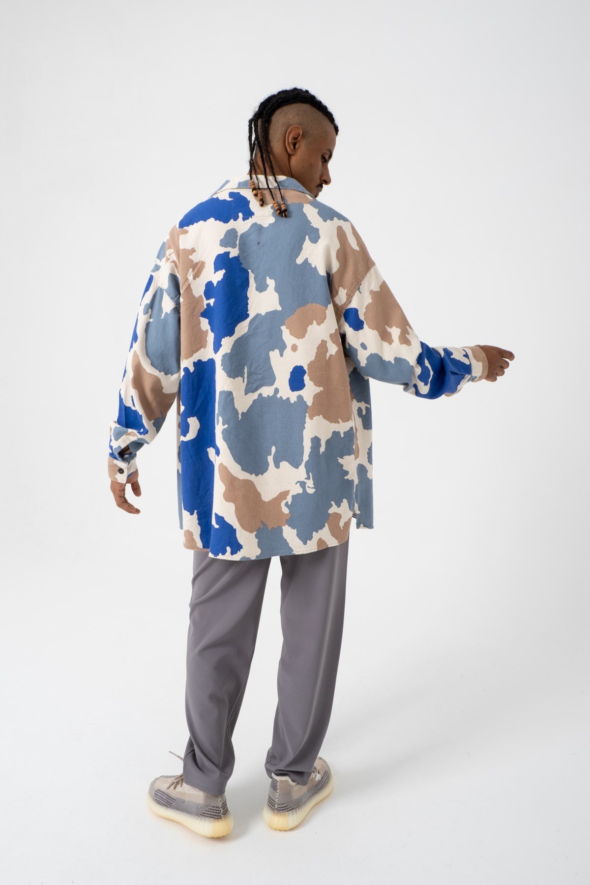 Oversize Kamuflaj Ekru-Saks Pamuklu Gömlek