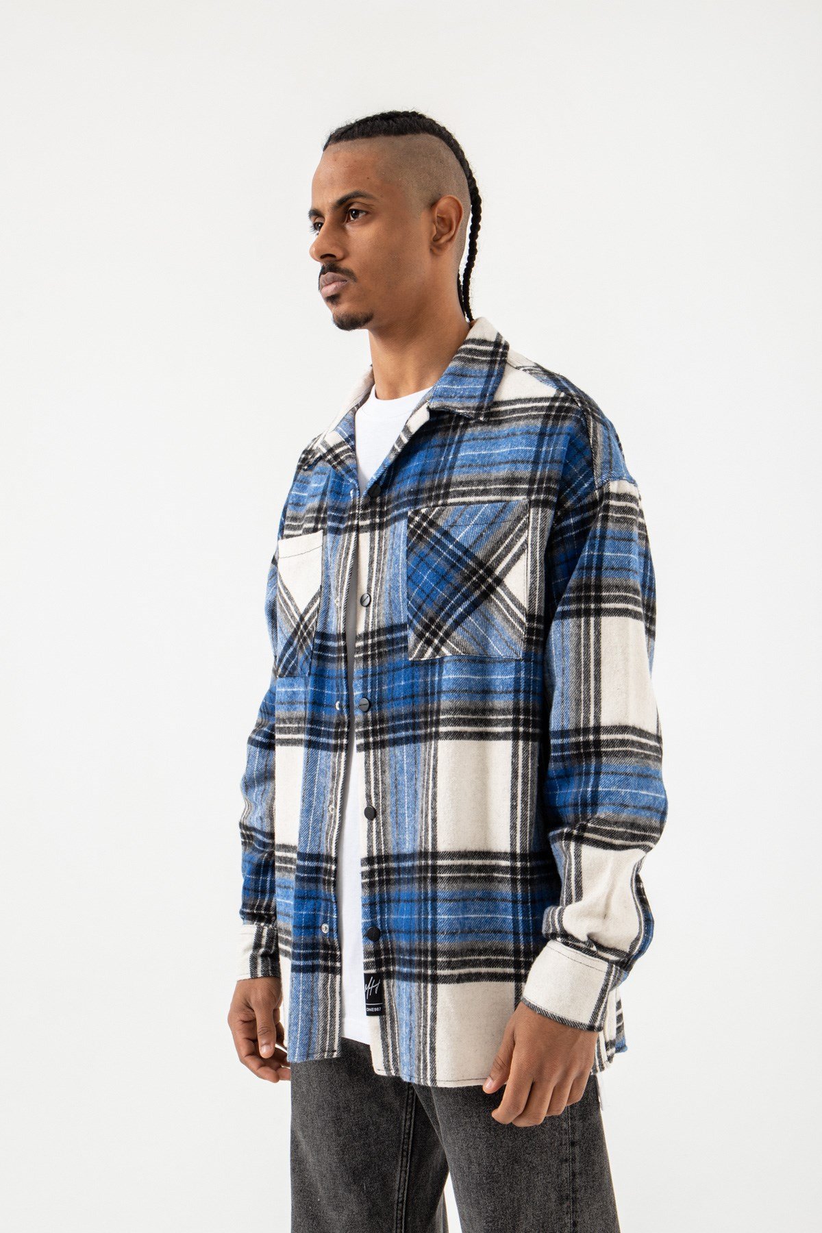 Oversize Oduncu Çift Cepli Saks-Siyah Gömlek