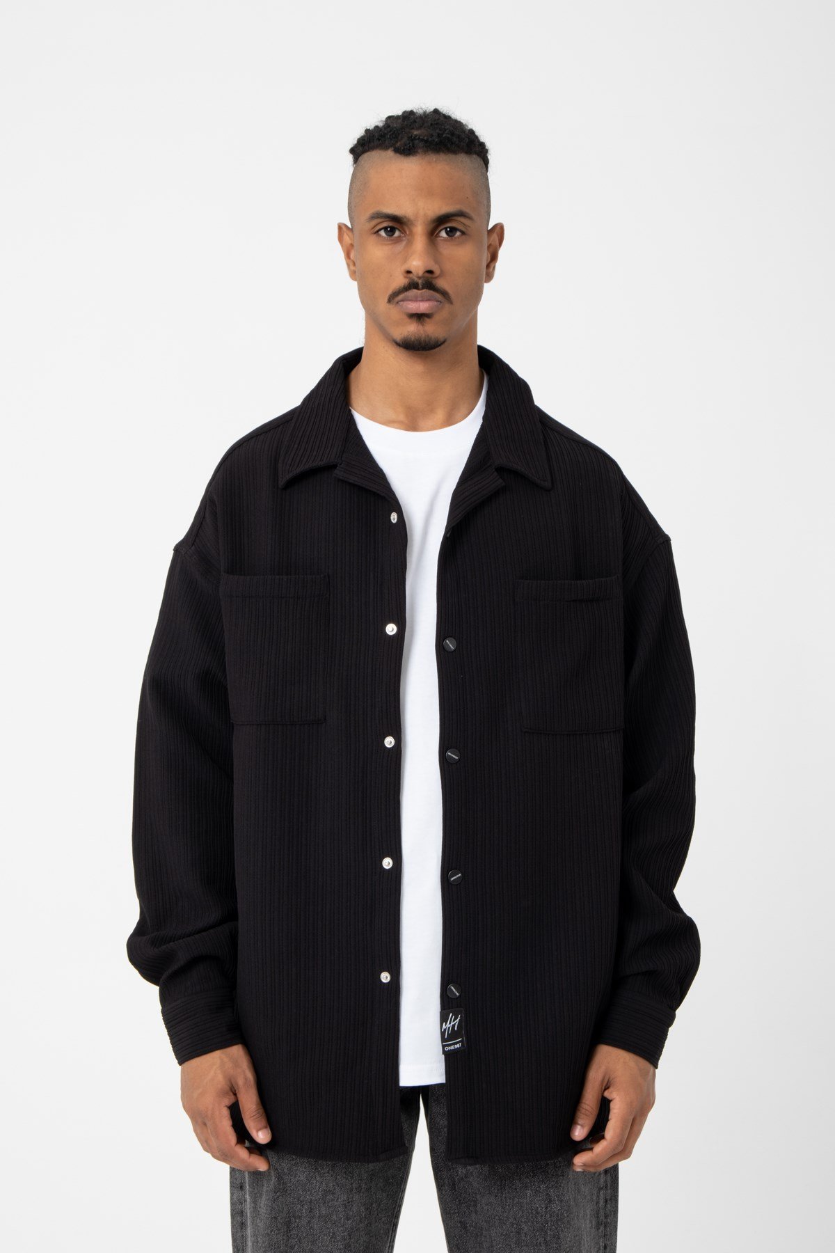 Oversize Bürümcük Çizgili Çift Cepli Siyah Gömlek